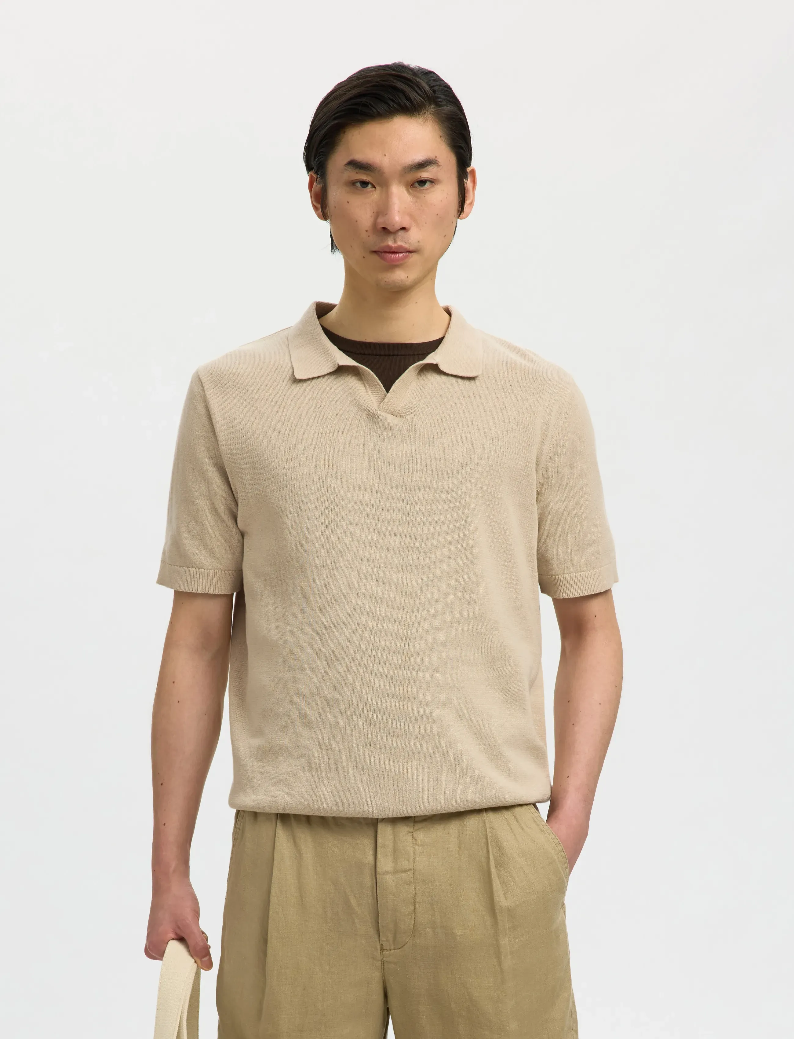 Selected Slhmattis Ss Linen Blend Open Polo Noos, S, Polos, Beige - Short-sleeved, Männerswear