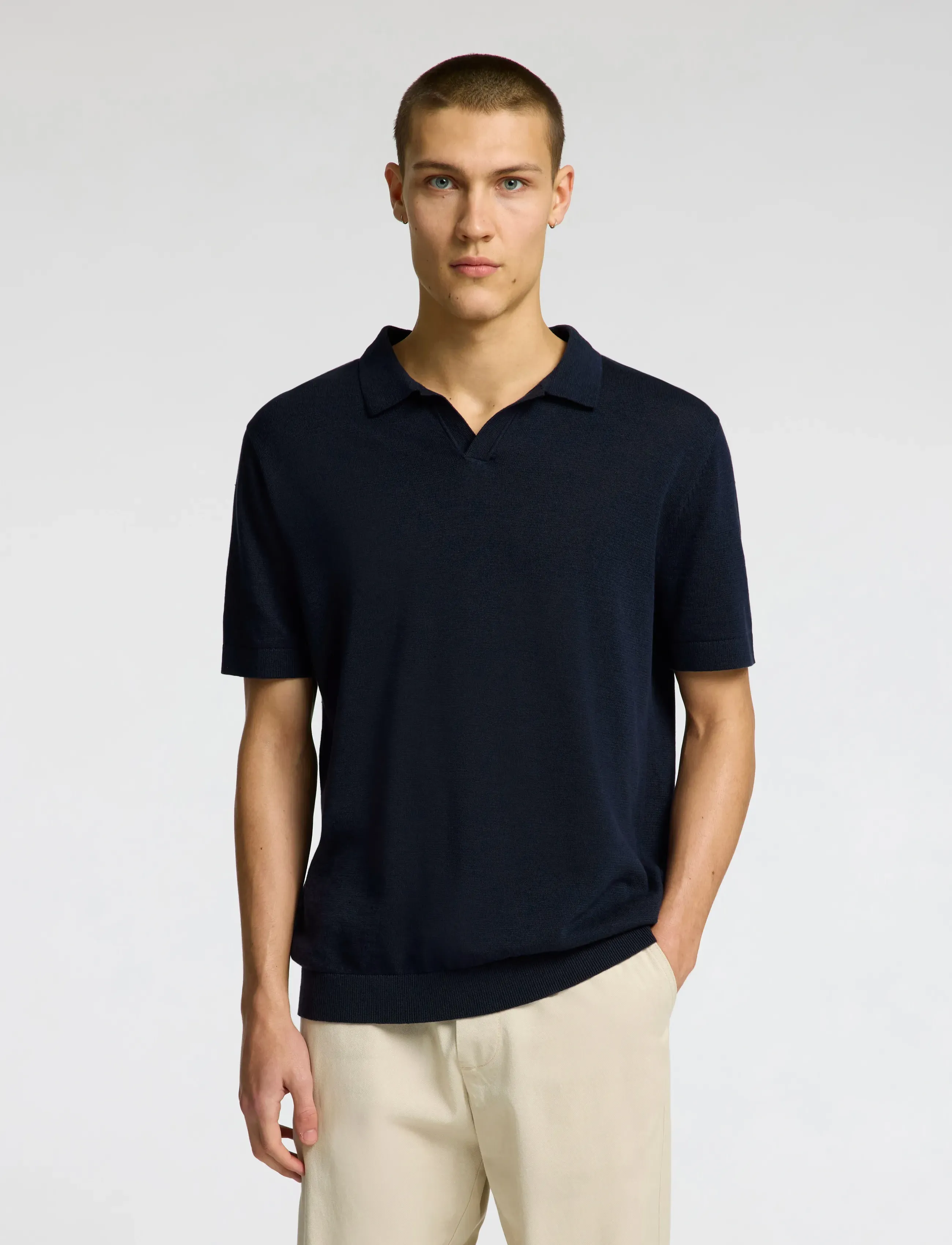 Selected Slhmattis Ss Linen Blend Open Polo Noos, L, Navy, Poloer > Kortærmede, Herre
