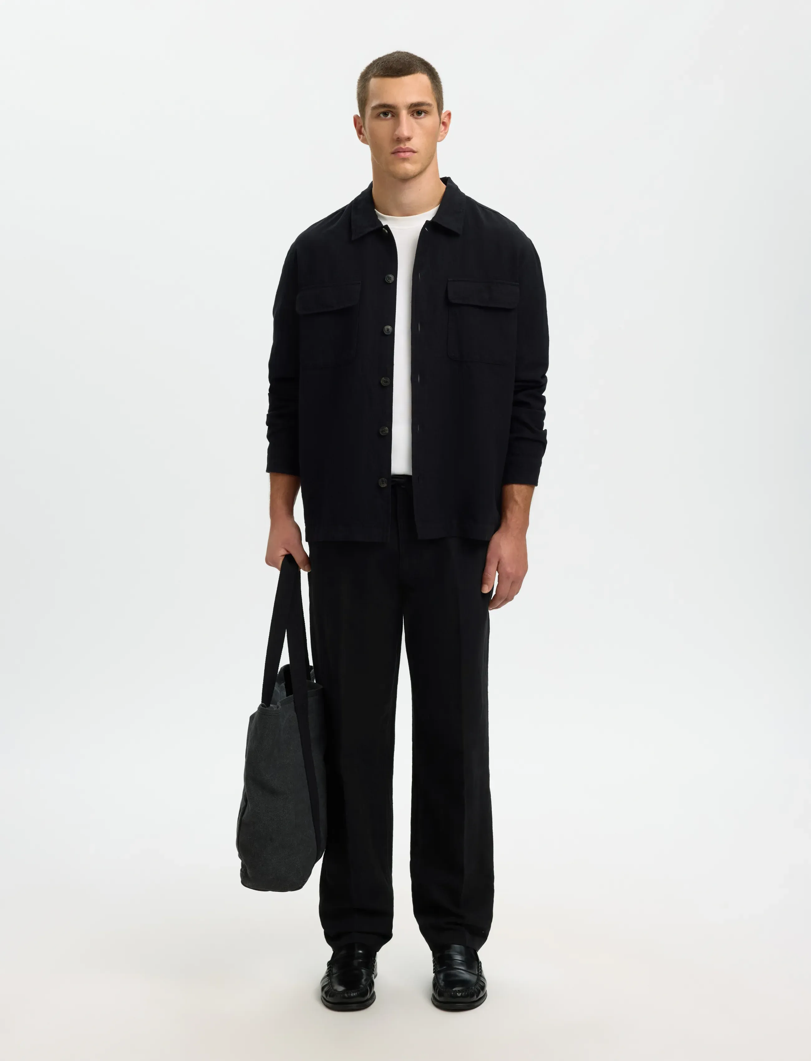 Selected - SLM196-STRAIGHT LEROY LINEN BLD PNT NOOS - pantalons en lin - black - 5