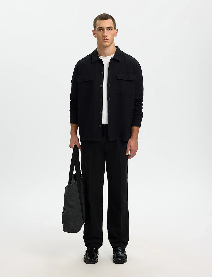Selected - SLM196-STRAIGHT LEROY LINEN BLD PNT NOOS - pantalons en lin - black - 5