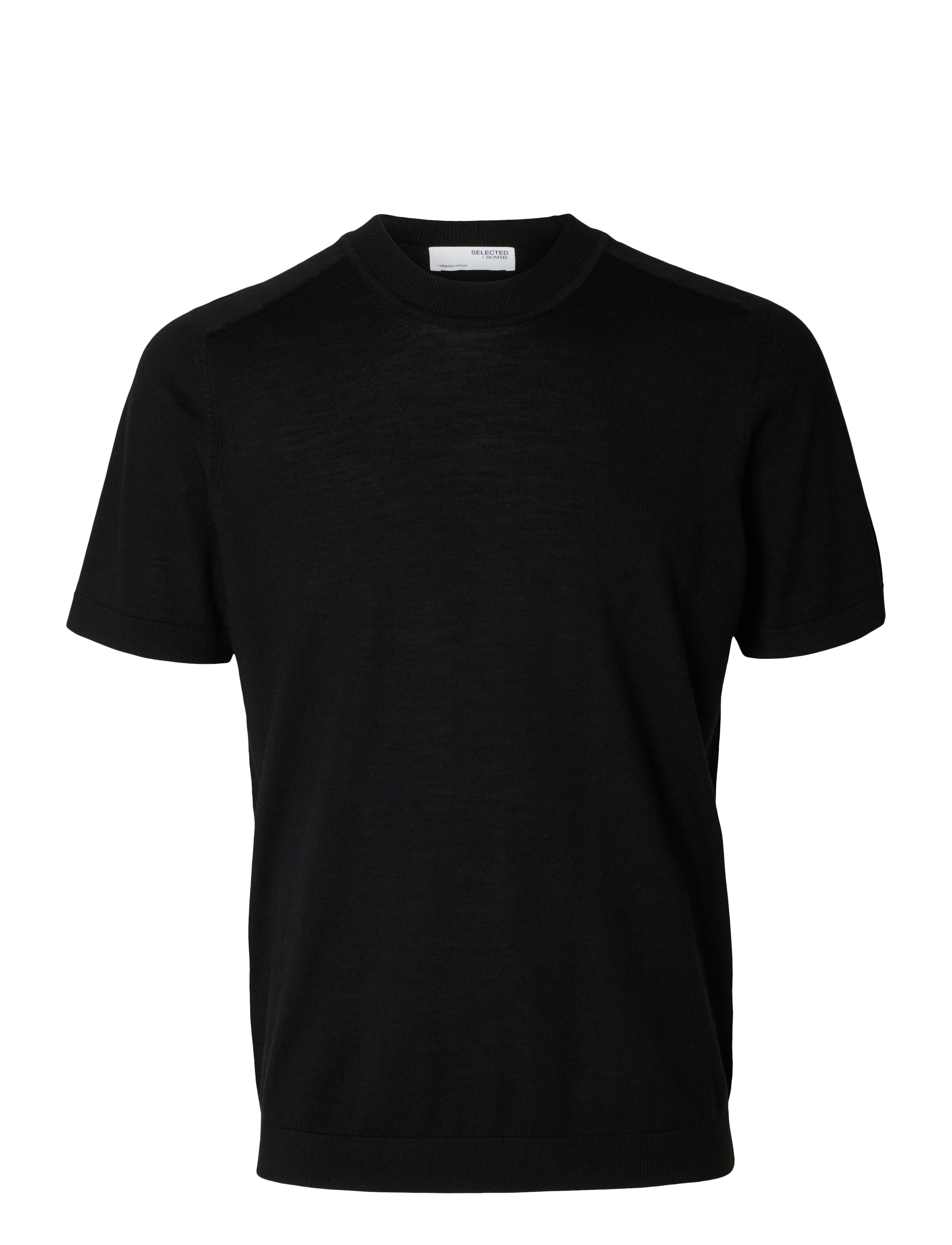 Selected SLHTRAY SS KNIT MERINO CREW NECK NOOS - T-shirts - BLACK / black