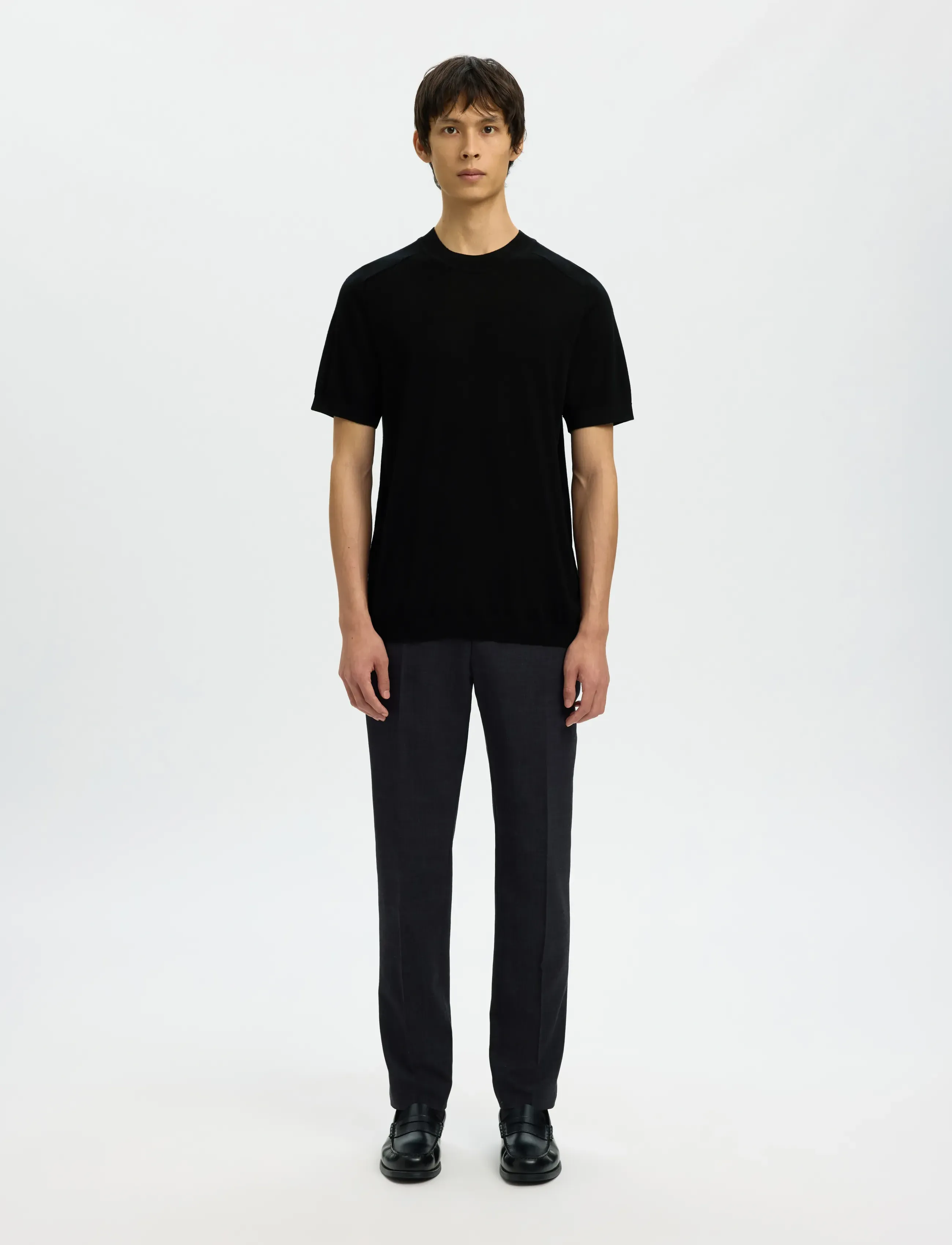 Selected - SLHTRAY SS KNIT MERINO CREW NECK NOOS - kortærmede t-shirts - black - 3