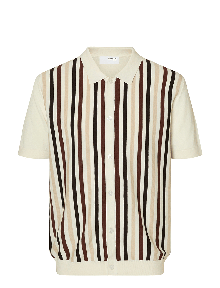 Selected - SLHMATTIS SS KNIT STRIPE POLO CARDIGAN - strickjacken - egret - 1