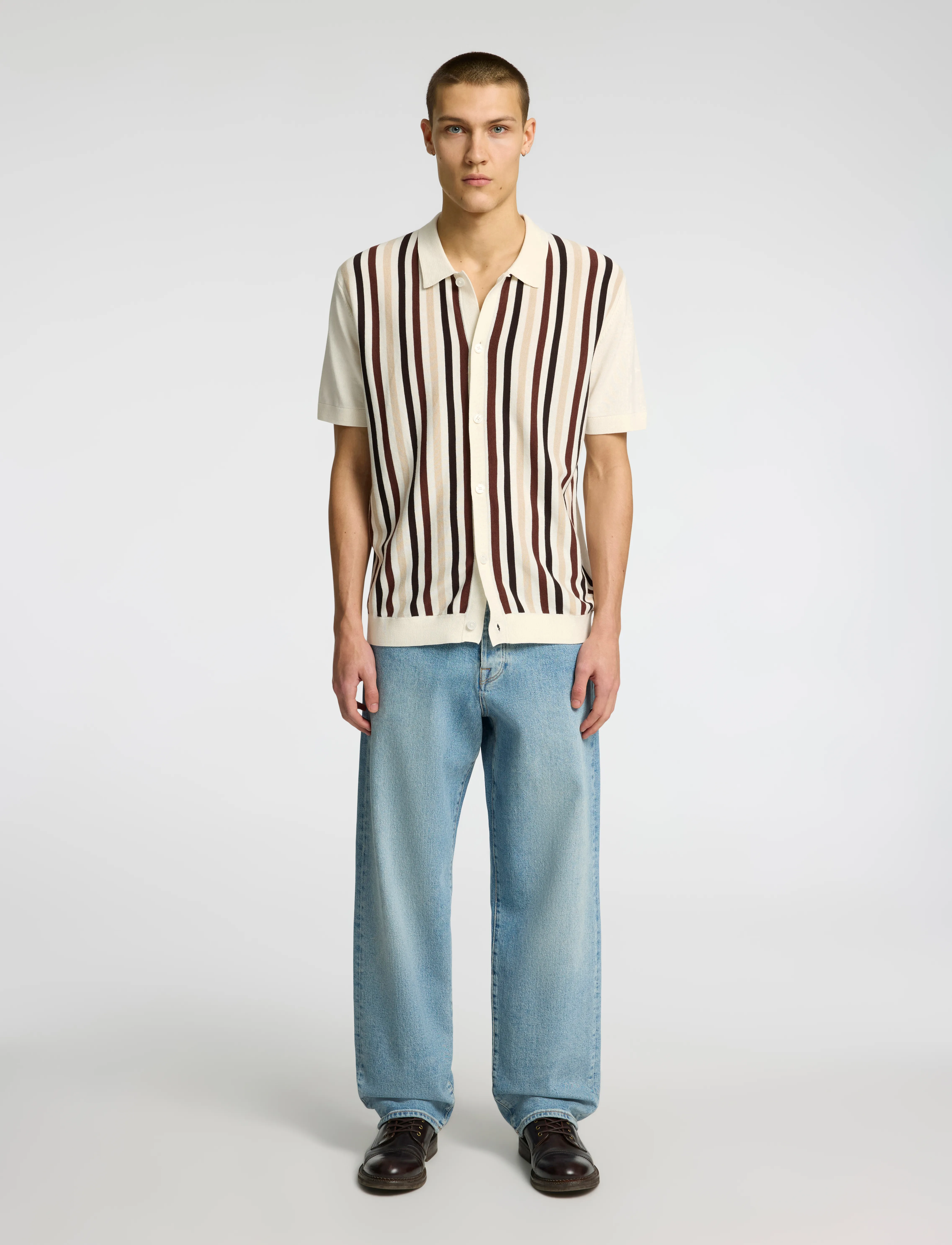 Selected Slhmattis Ss Knit Stripe Polo Cardigan, S, Cream, Strik > Cardigans, Herre