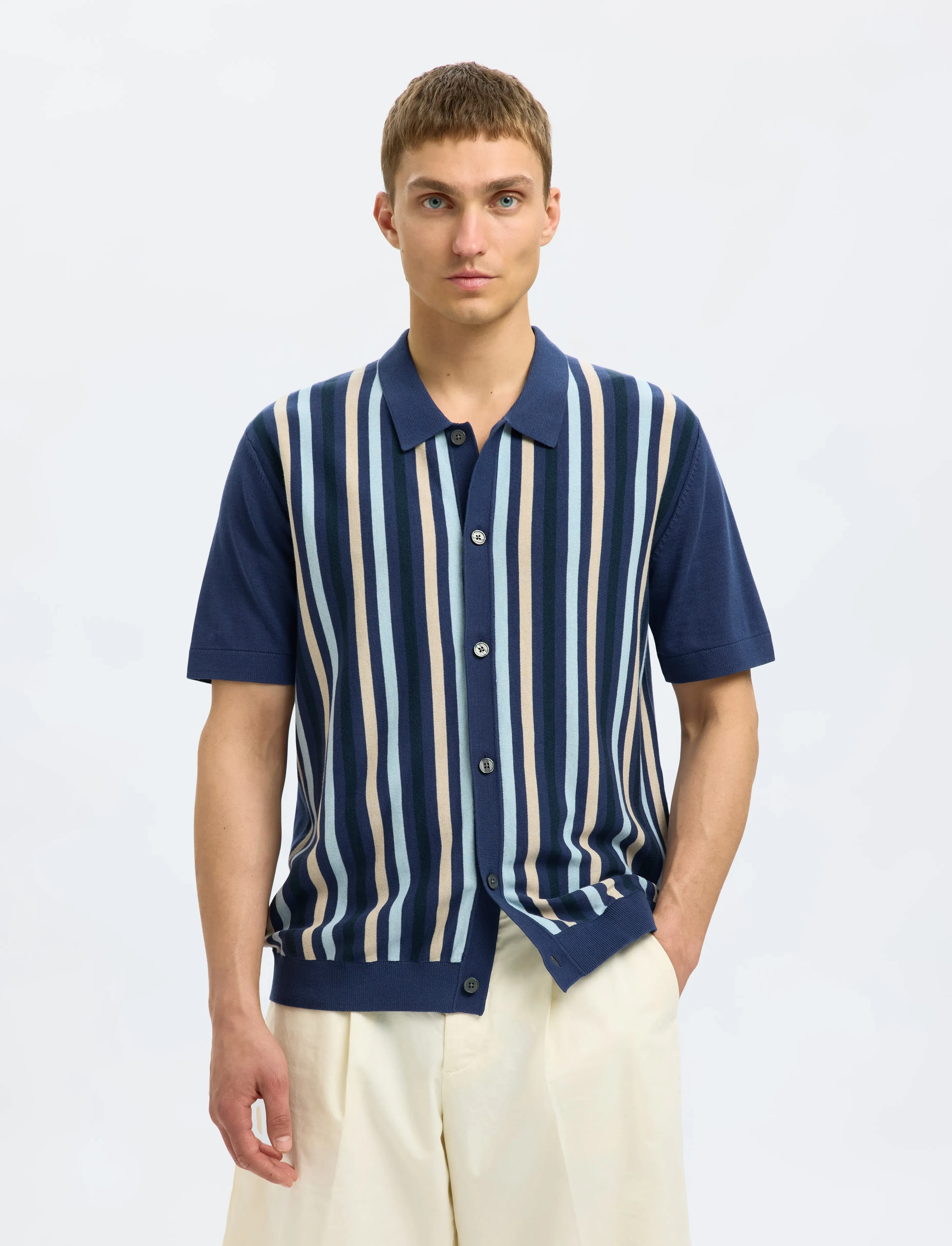 Selected Slhmattis Ss Knit Stripe Polo Cardigan, S, Knitwear, Blau - Cardigans, Männerswear