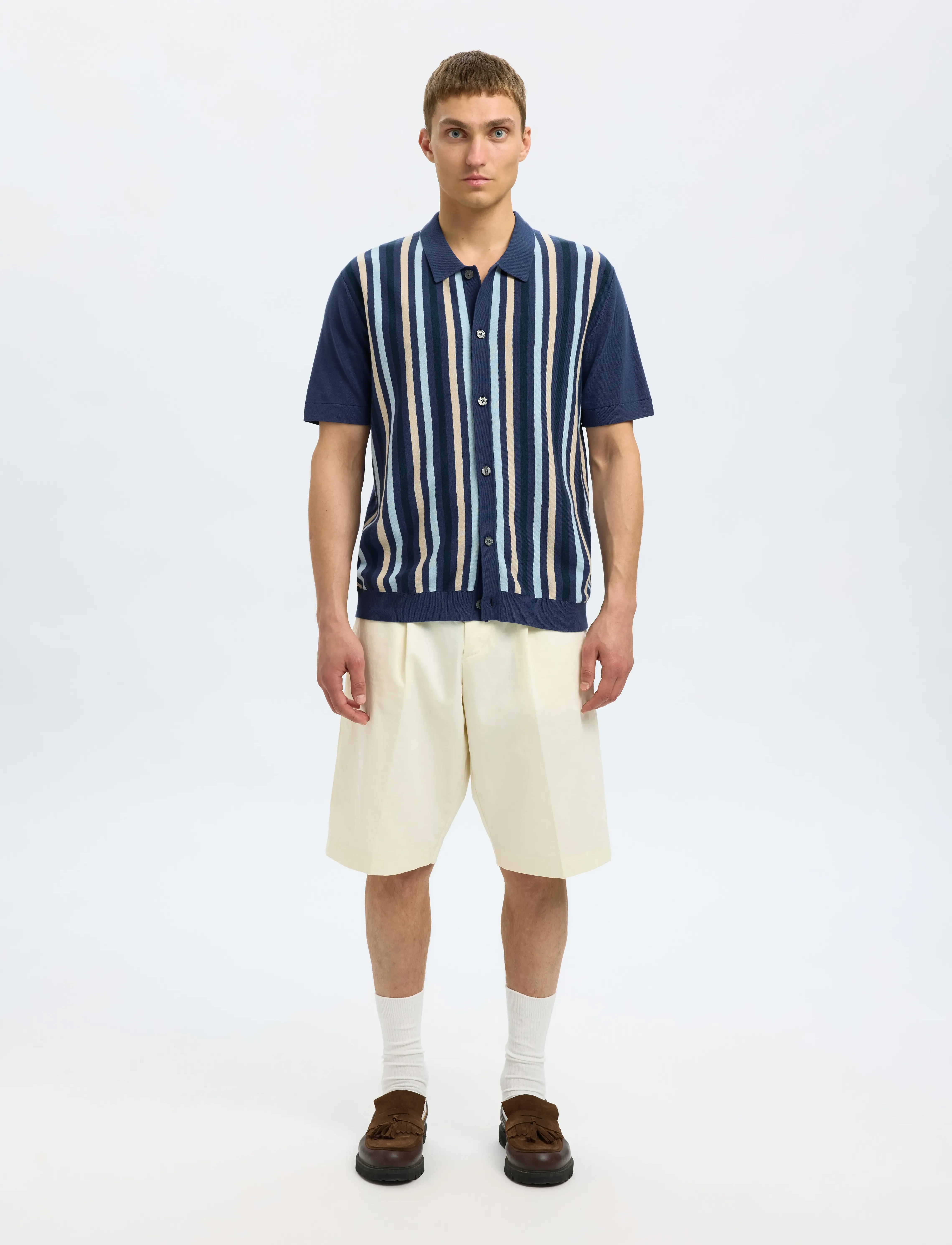 Selected - SLHMATTIS SS KNIT STRIPE POLO CARDIGAN - strickjacken - oceana - 3