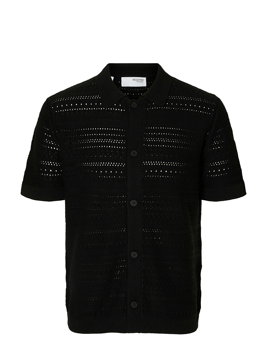 Selected - SLHPALO SS KNIT CROCHET POLO CARDIGAN - cardigans - black - 1