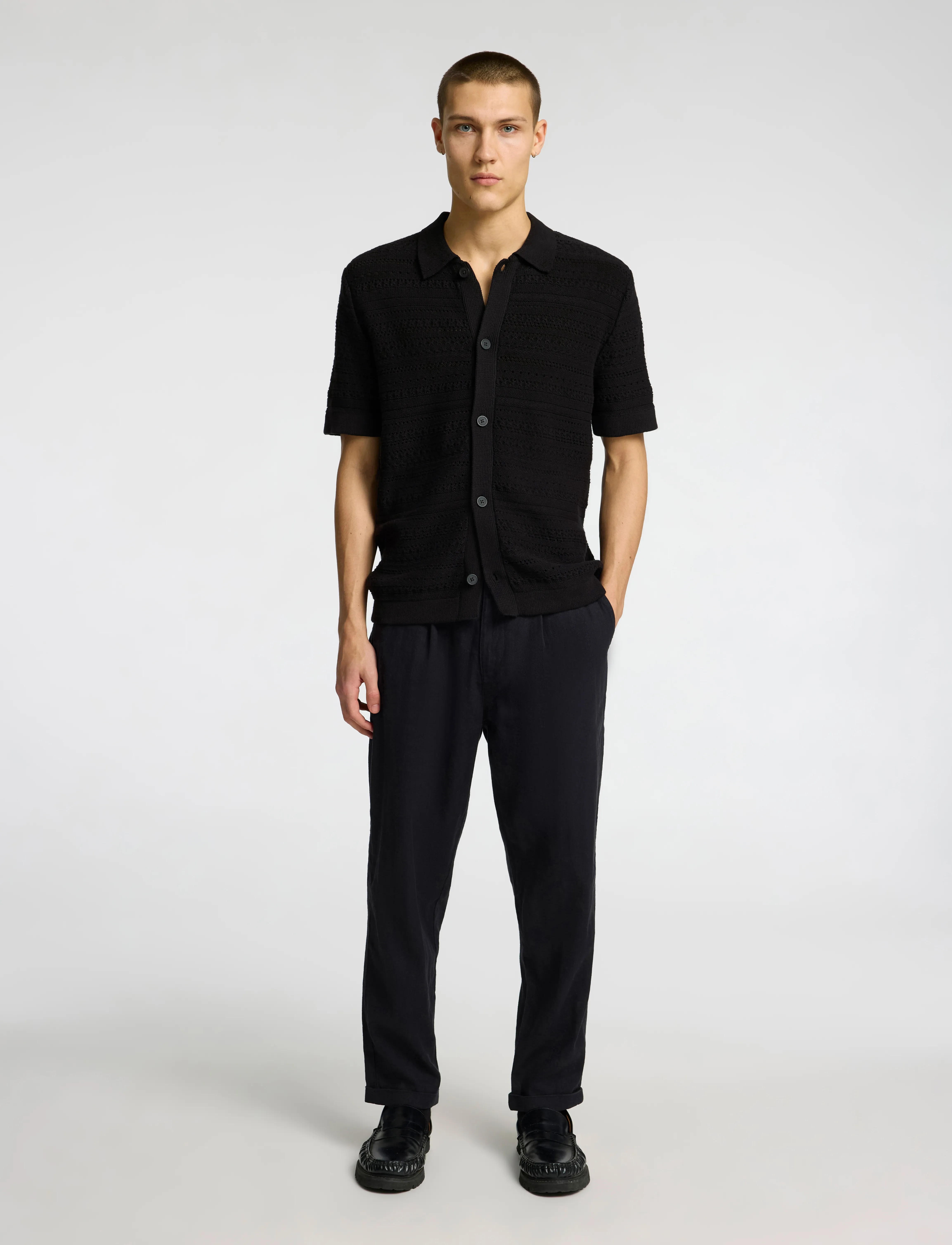 Selected Slhpalo Ss Knit Crochet Polo Cardigan, XL, Knitwear, Schwarz - Cardigans, Männerswear