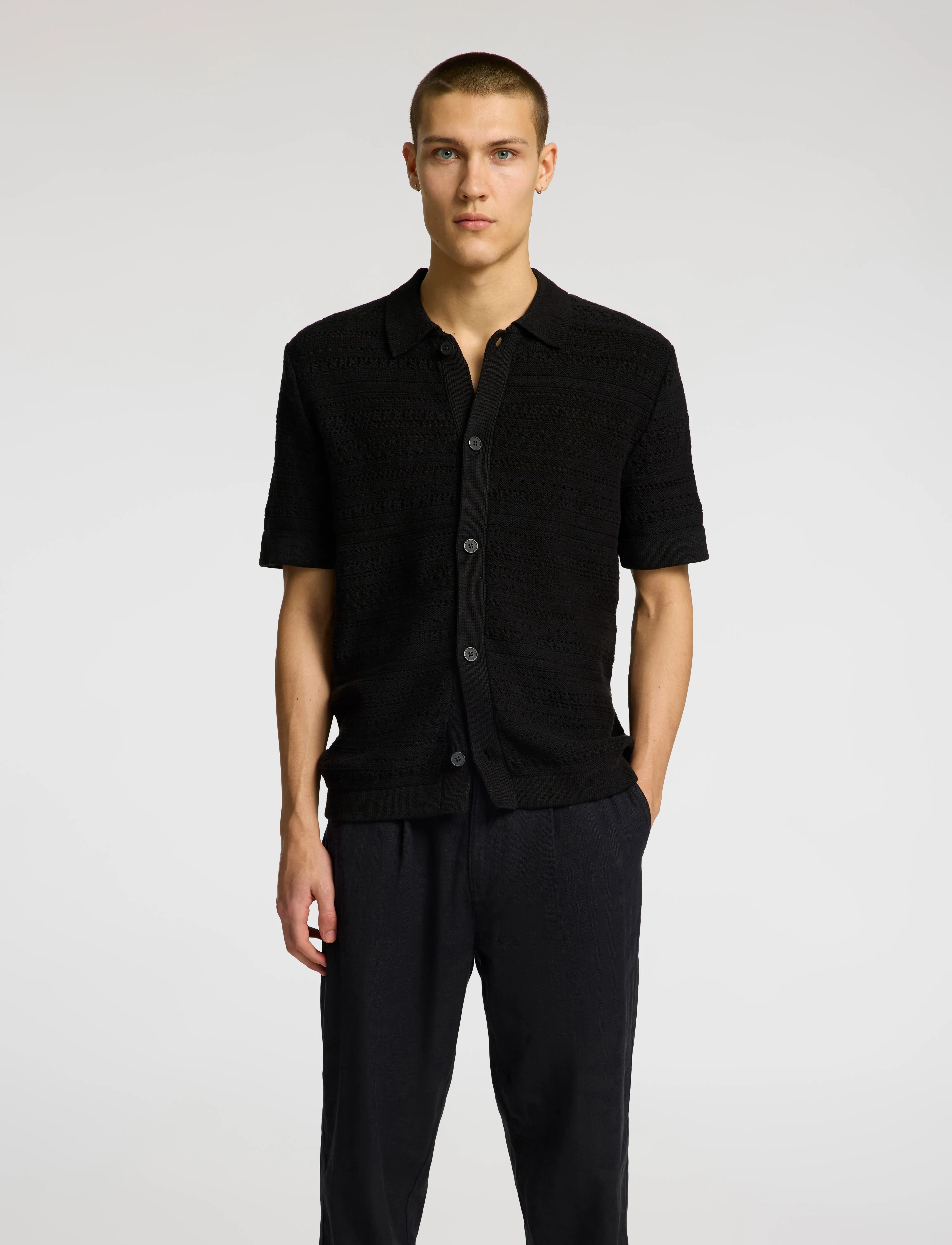 Selected - SLHPALO SS KNIT CROCHET POLO CARDIGAN - strickjacken - black - 3