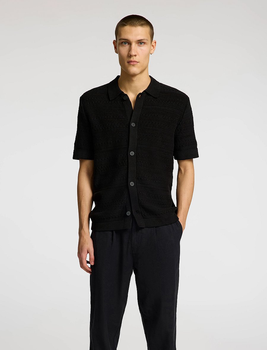 Selected - SLHPALO SS KNIT CROCHET POLO CARDIGAN - cardigans - black - 3
