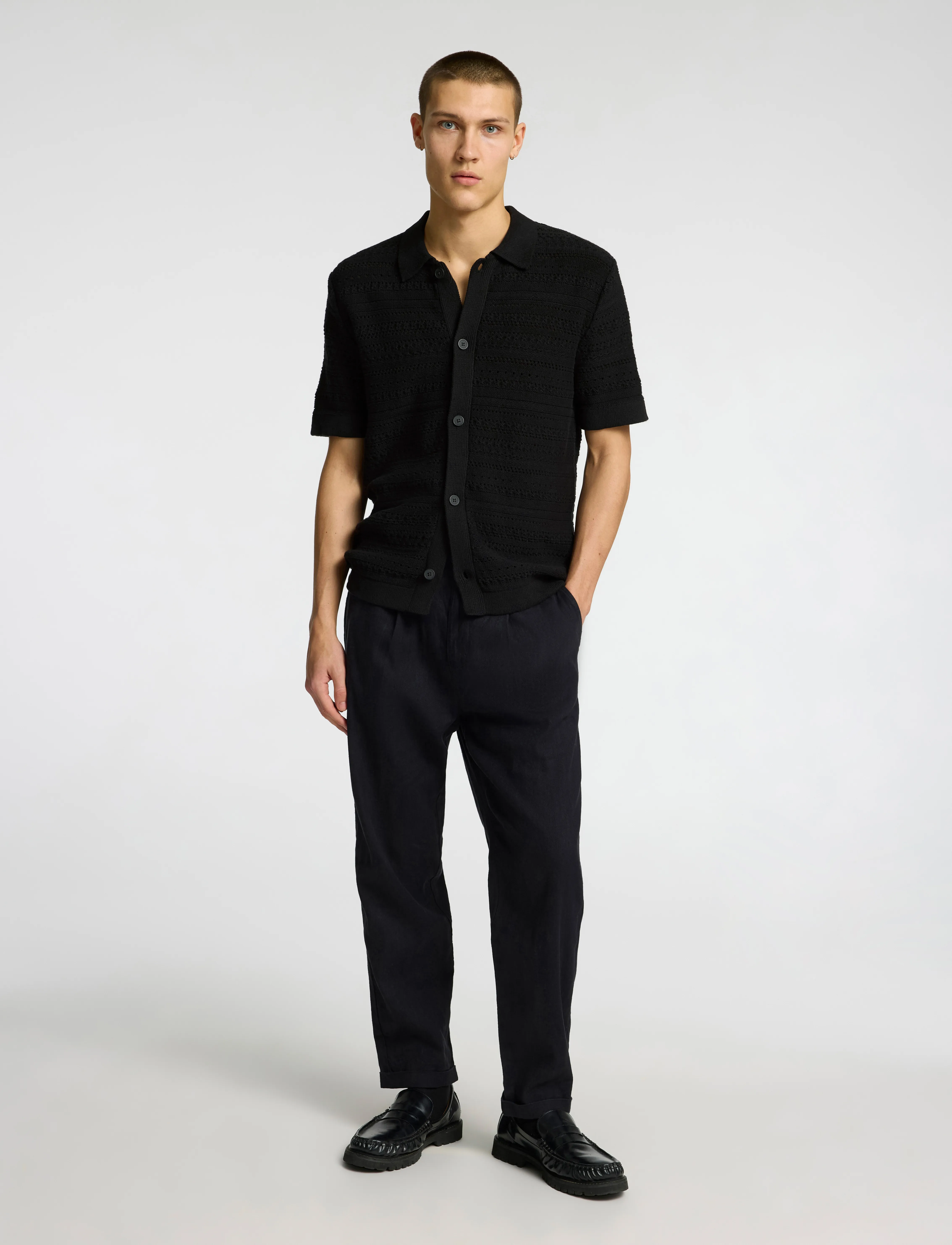 Selected - SLHPALO SS KNIT CROCHET POLO CARDIGAN - strickjacken - black - 4