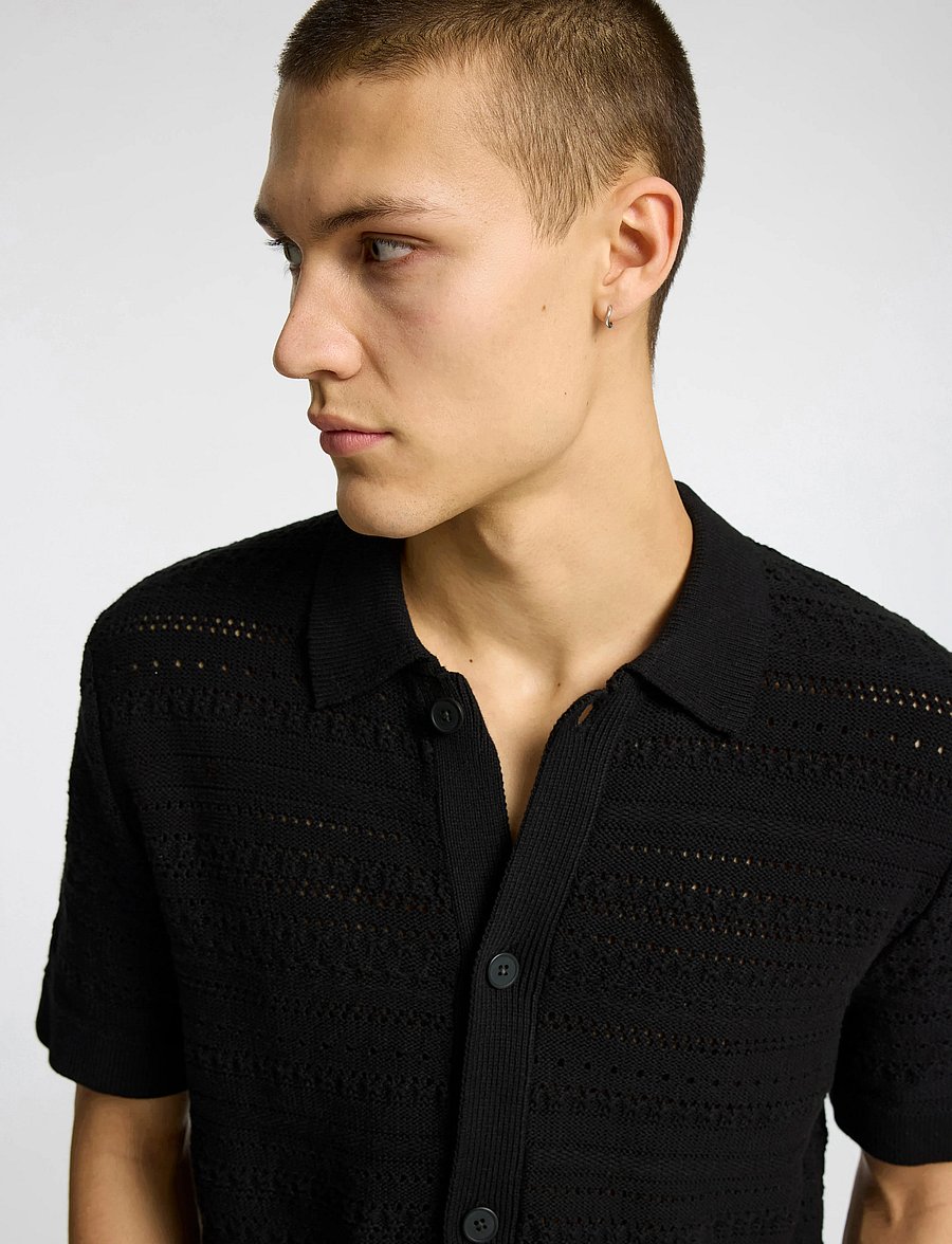 Selected - SLHPALO SS KNIT CROCHET POLO CARDIGAN - cardigans - black - 5