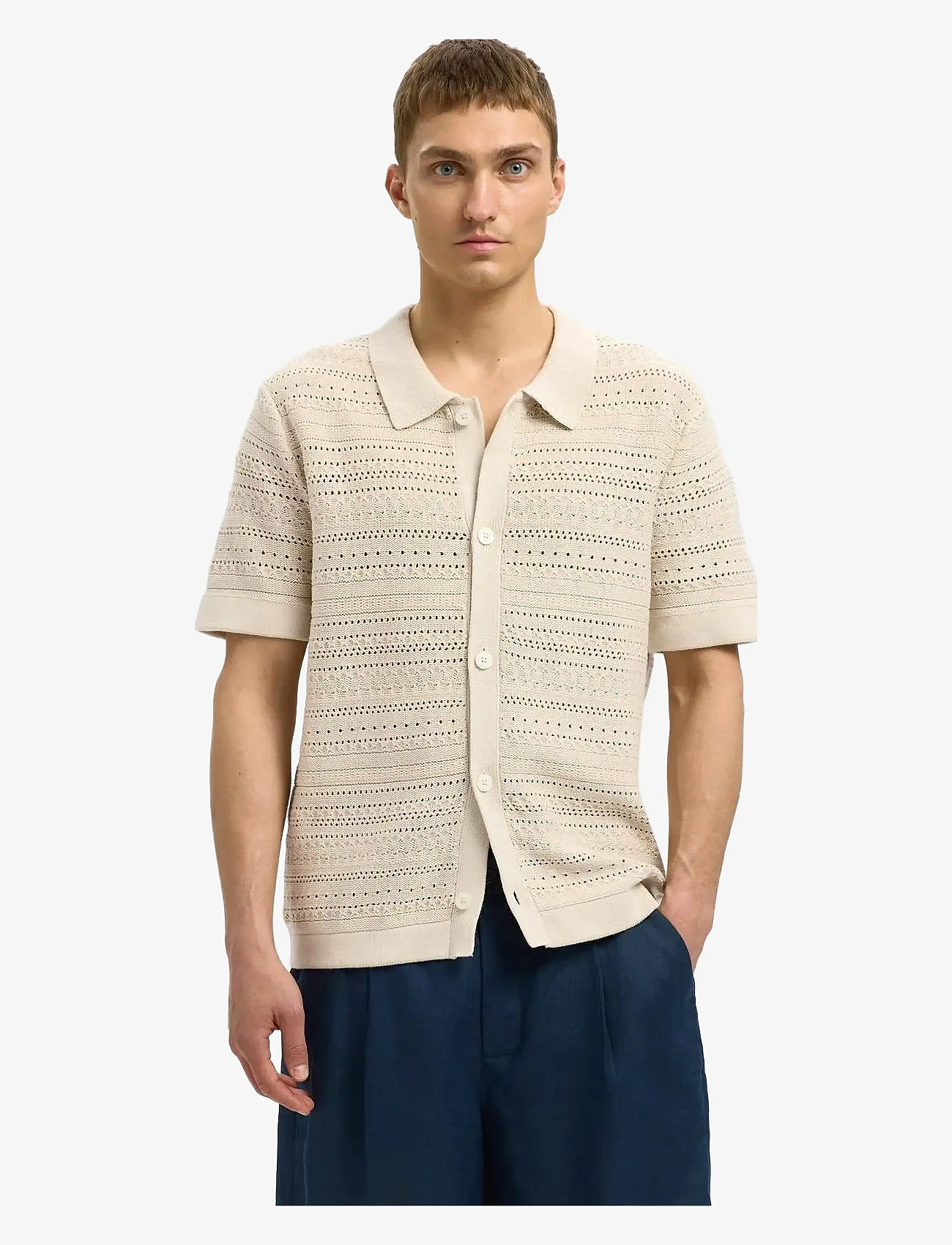 Selected - SLHPALO SS KNIT CROCHET POLO CARDIGAN - cardigans - oatmeal - 2