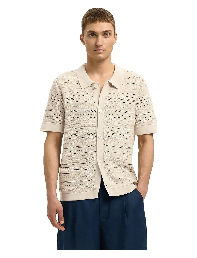 Selected - SLHPALO SS KNIT CROCHET POLO CARDIGAN - cardigans - oatmeal - 2