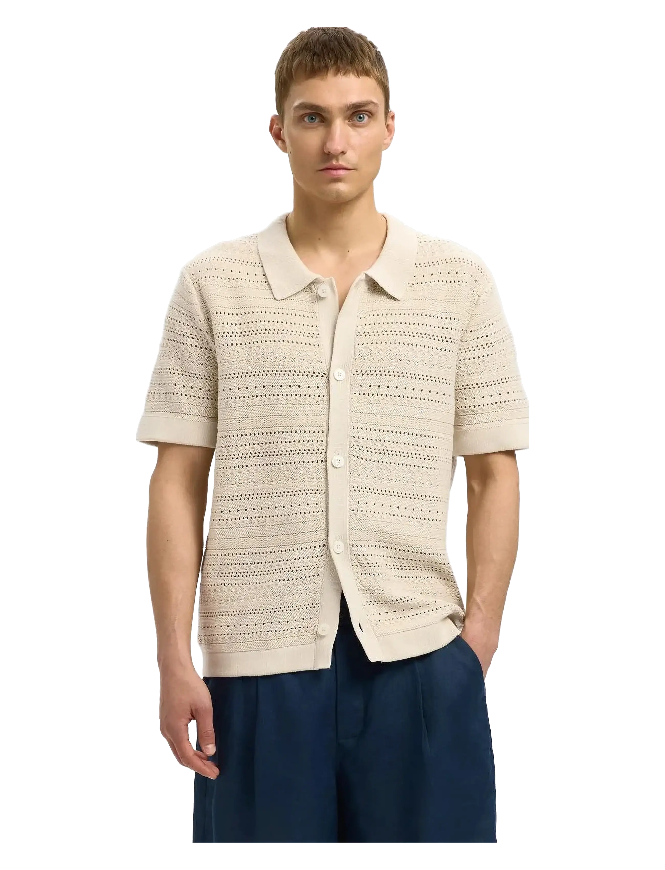 Selected - SLHPALO SS KNIT CROCHET POLO CARDIGAN - gilets - oatmeal - 2