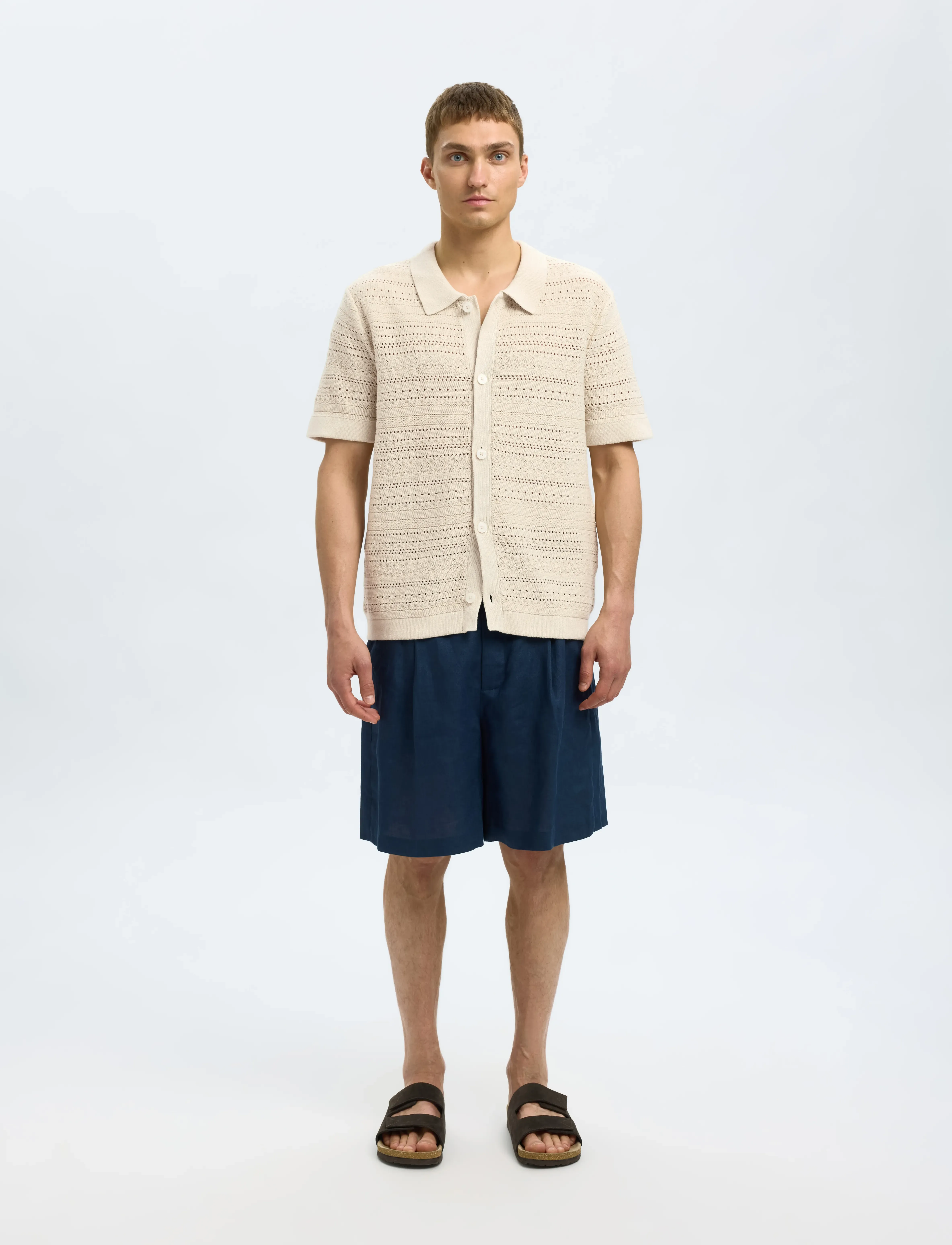Selected Slhpalo Ss Knit Crochet Polo Cardigan, L, Knitwear, Beige - Cardigans, Männerswear