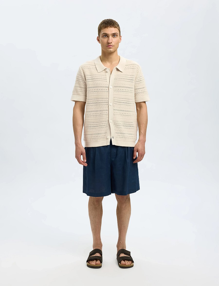Selected - SLHPALO SS KNIT CROCHET POLO CARDIGAN - strickjacken - oatmeal - 0