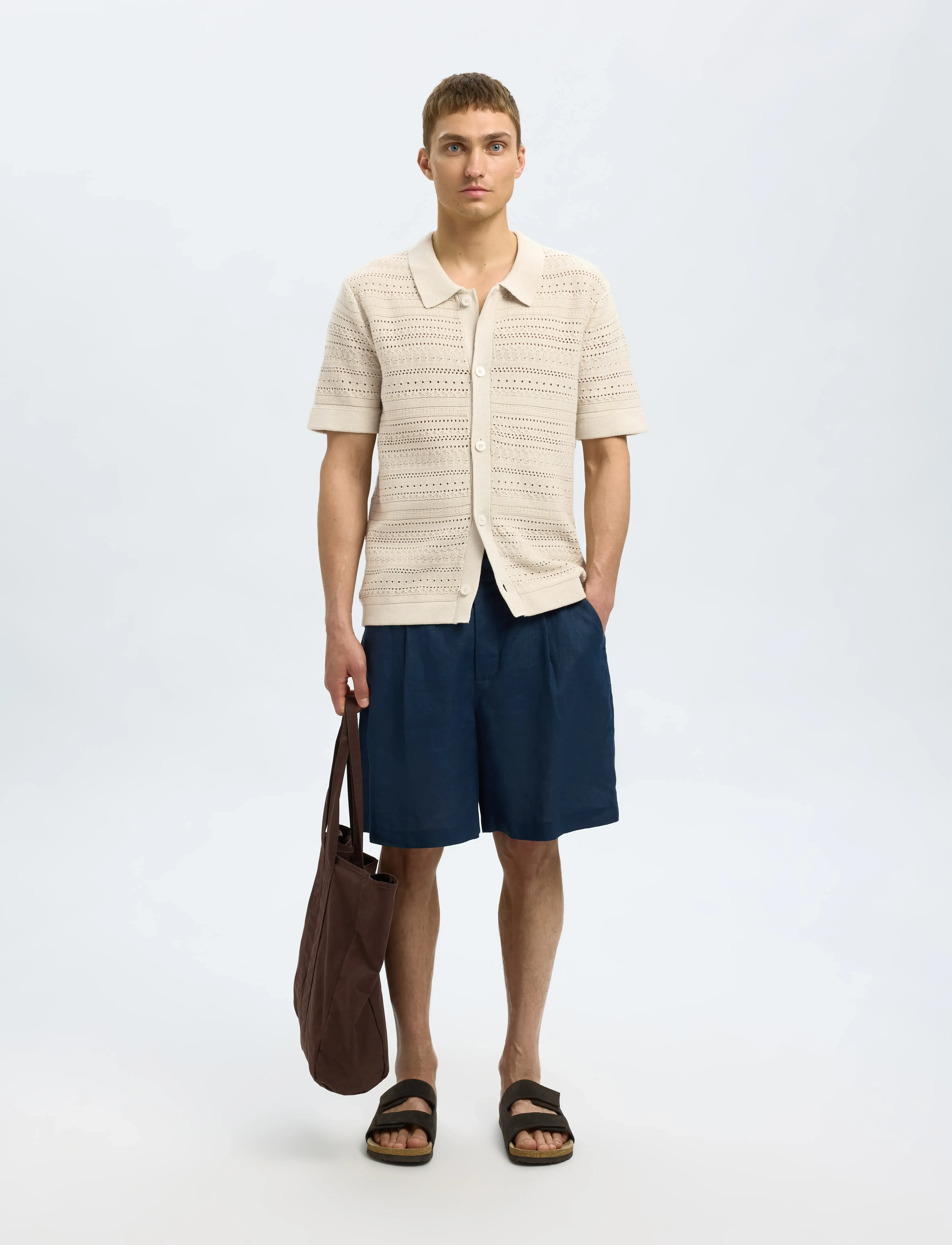 Selected - SLHPALO SS KNIT CROCHET POLO CARDIGAN - gilets - oatmeal - 4