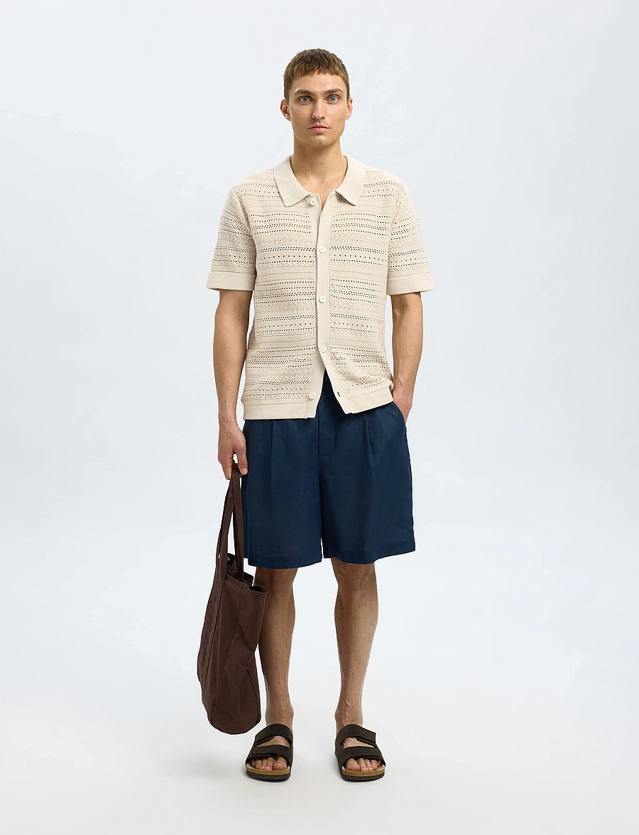 Selected - SLHPALO SS KNIT CROCHET POLO CARDIGAN - strickjacken - oatmeal - 4