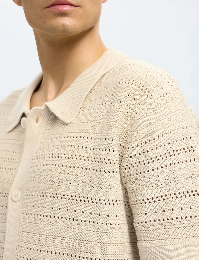 Selected - SLHPALO SS KNIT CROCHET POLO CARDIGAN - cardigans - oatmeal - 5