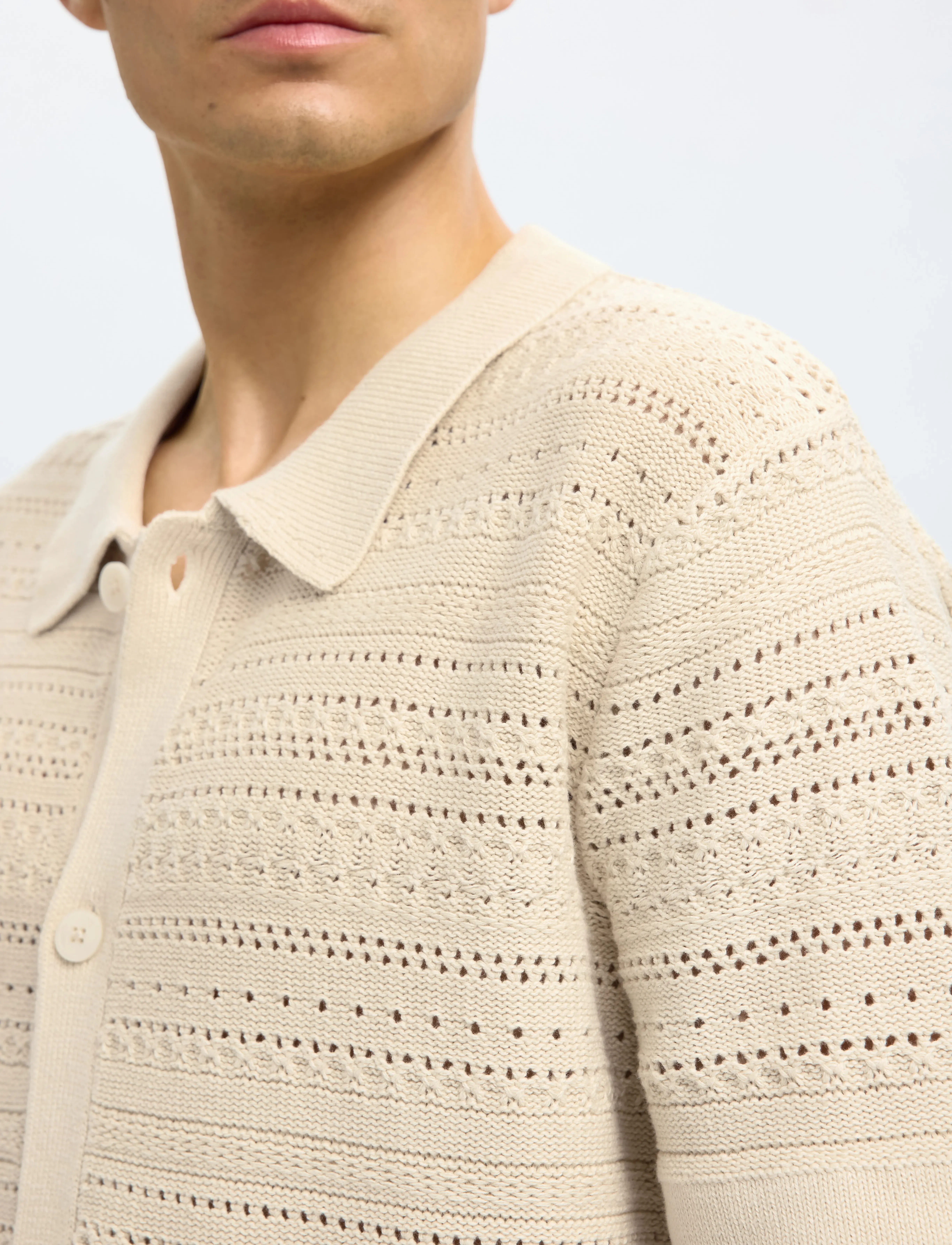 Selected - SLHPALO SS KNIT CROCHET POLO CARDIGAN - gilets - oatmeal - 5
