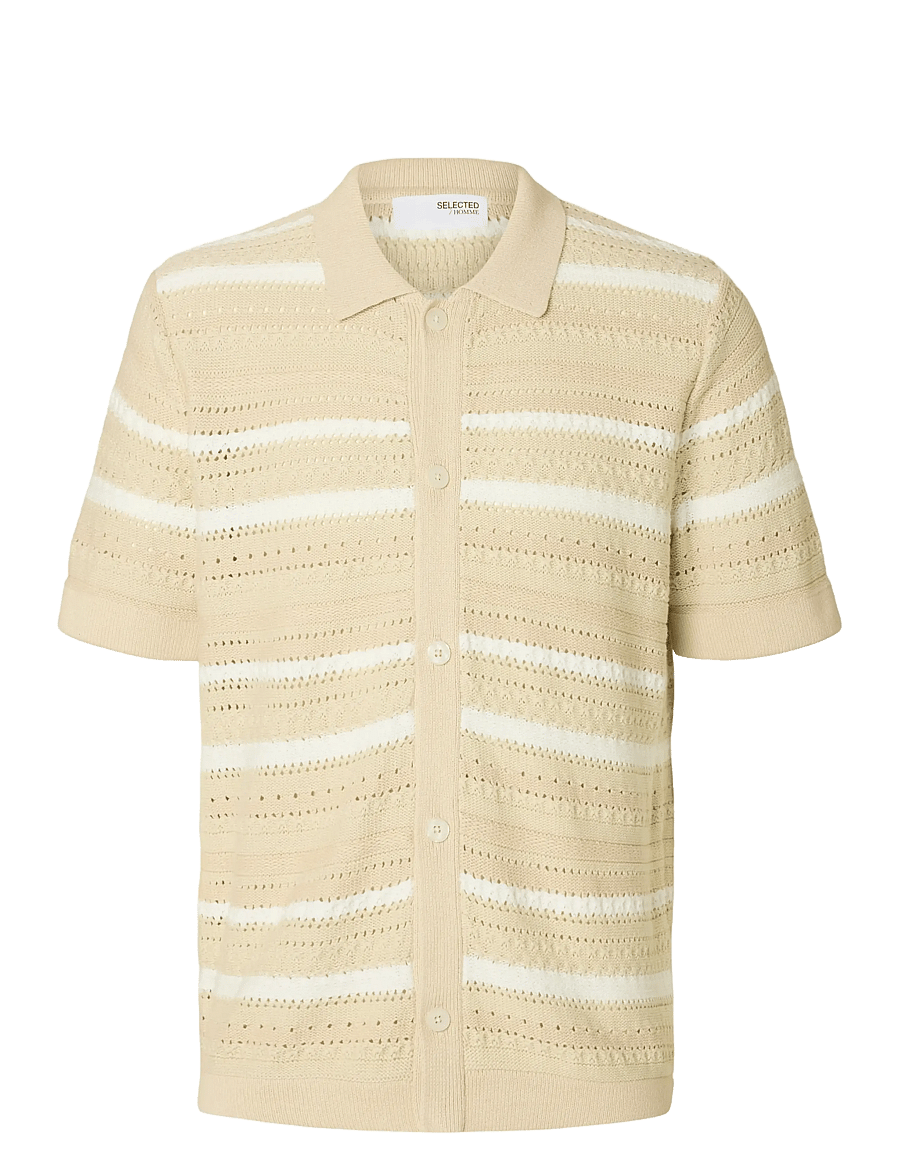 Selected - SLHPALO SS KNIT CROCHET POLO CARDIGAN - cardigans - oatmeal - 1