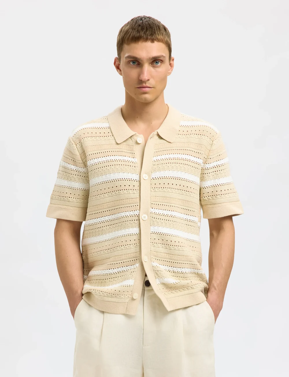 Selected - SLHPALO SS KNIT CROCHET POLO CARDIGAN - cardigans - oatmeal - 0