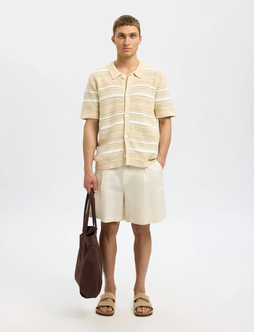 Selected - SLHPALO SS KNIT CROCHET POLO CARDIGAN - cardigans - oatmeal - 3