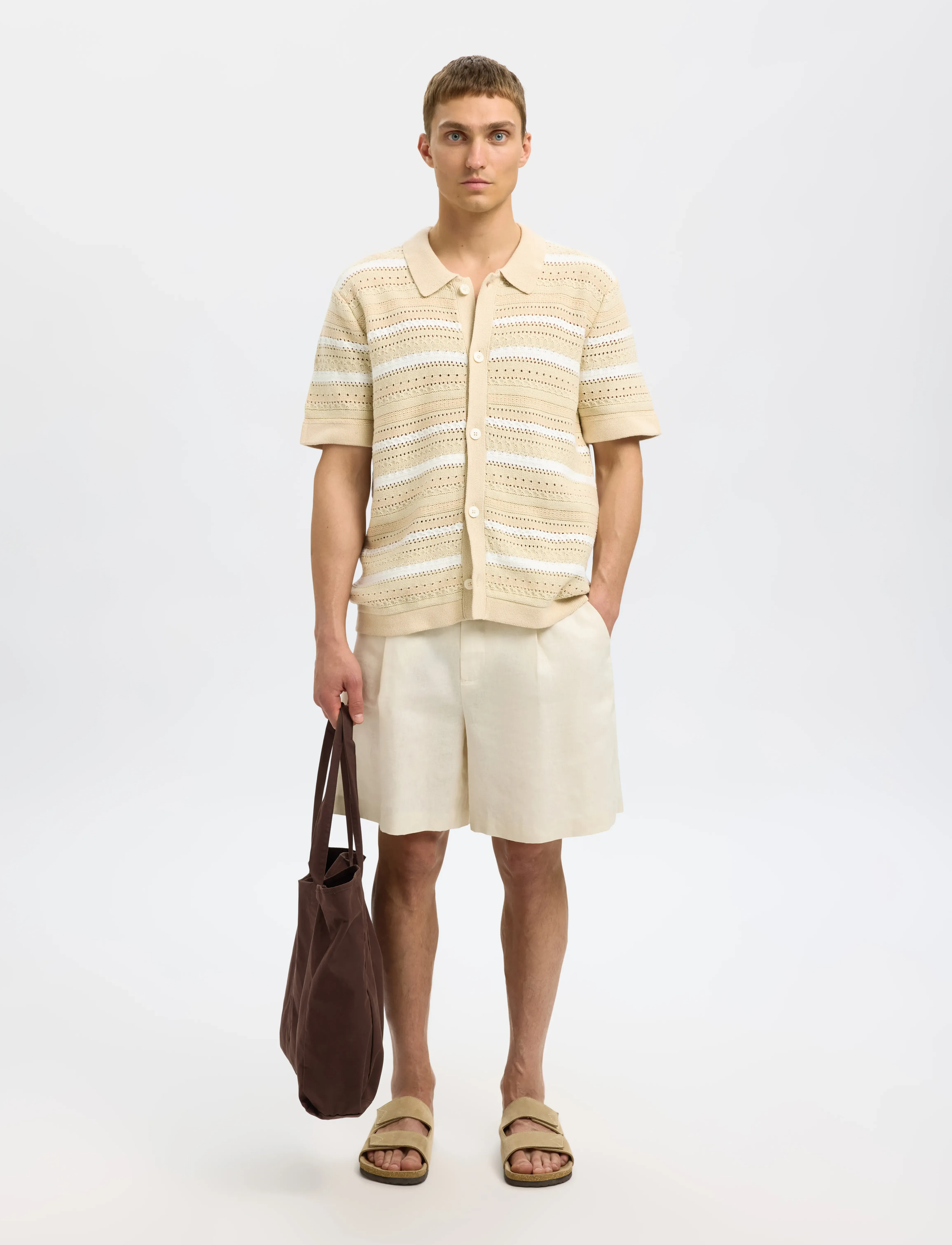 Selected - SLHPALO SS KNIT CROCHET POLO CARDIGAN - cardigans - oatmeal - 3