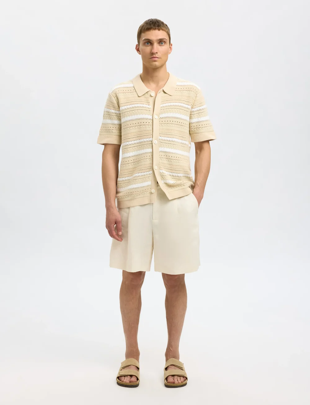 Selected - SLHPALO SS KNIT CROCHET POLO CARDIGAN - cardigans - oatmeal - 4