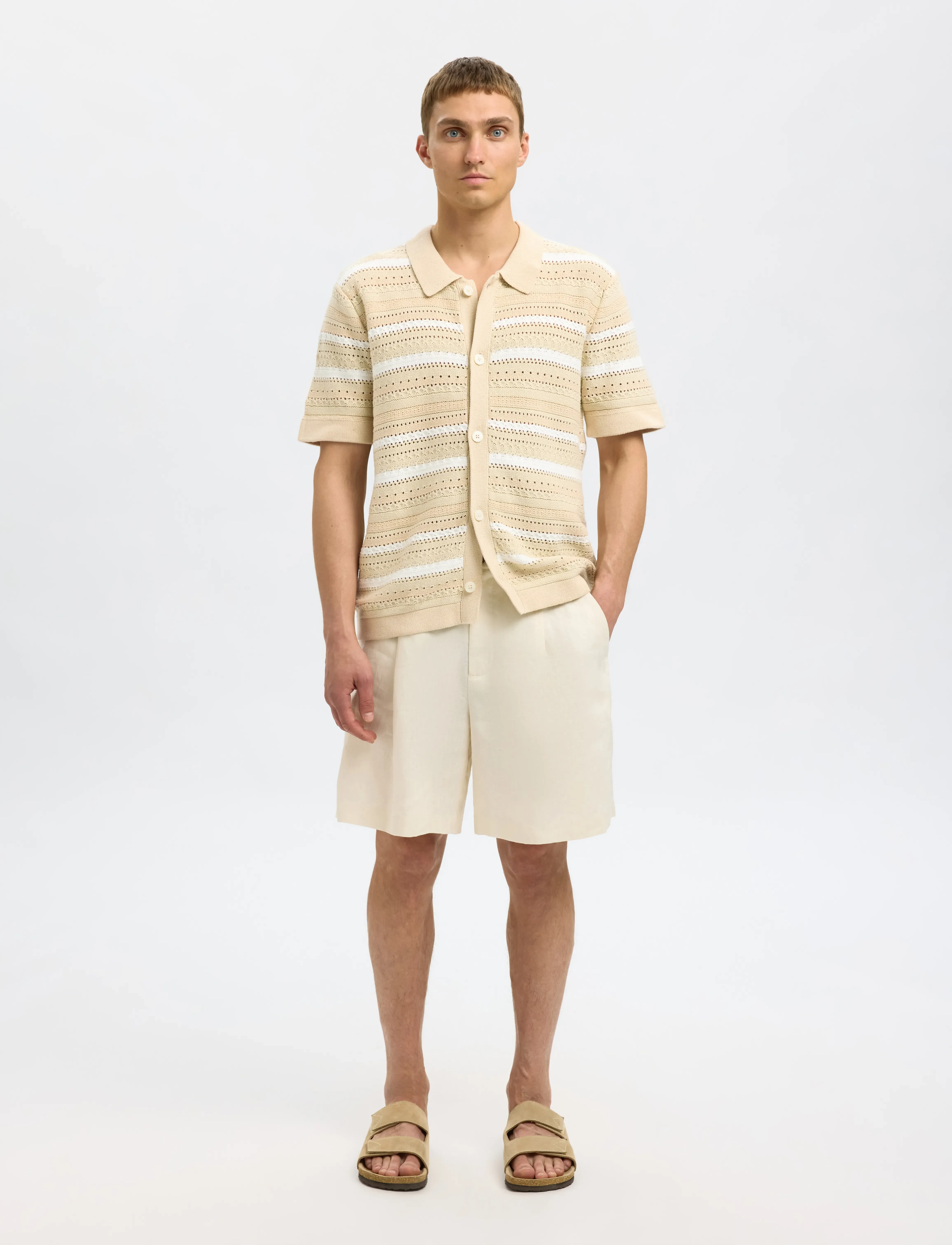 Selected - SLHPALO SS KNIT CROCHET POLO CARDIGAN - cardigans - oatmeal - 4