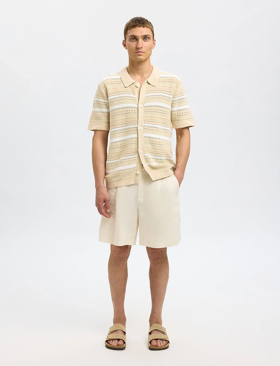 Selected - SLHPALO SS KNIT CROCHET POLO CARDIGAN - cardigans - oatmeal - 4
