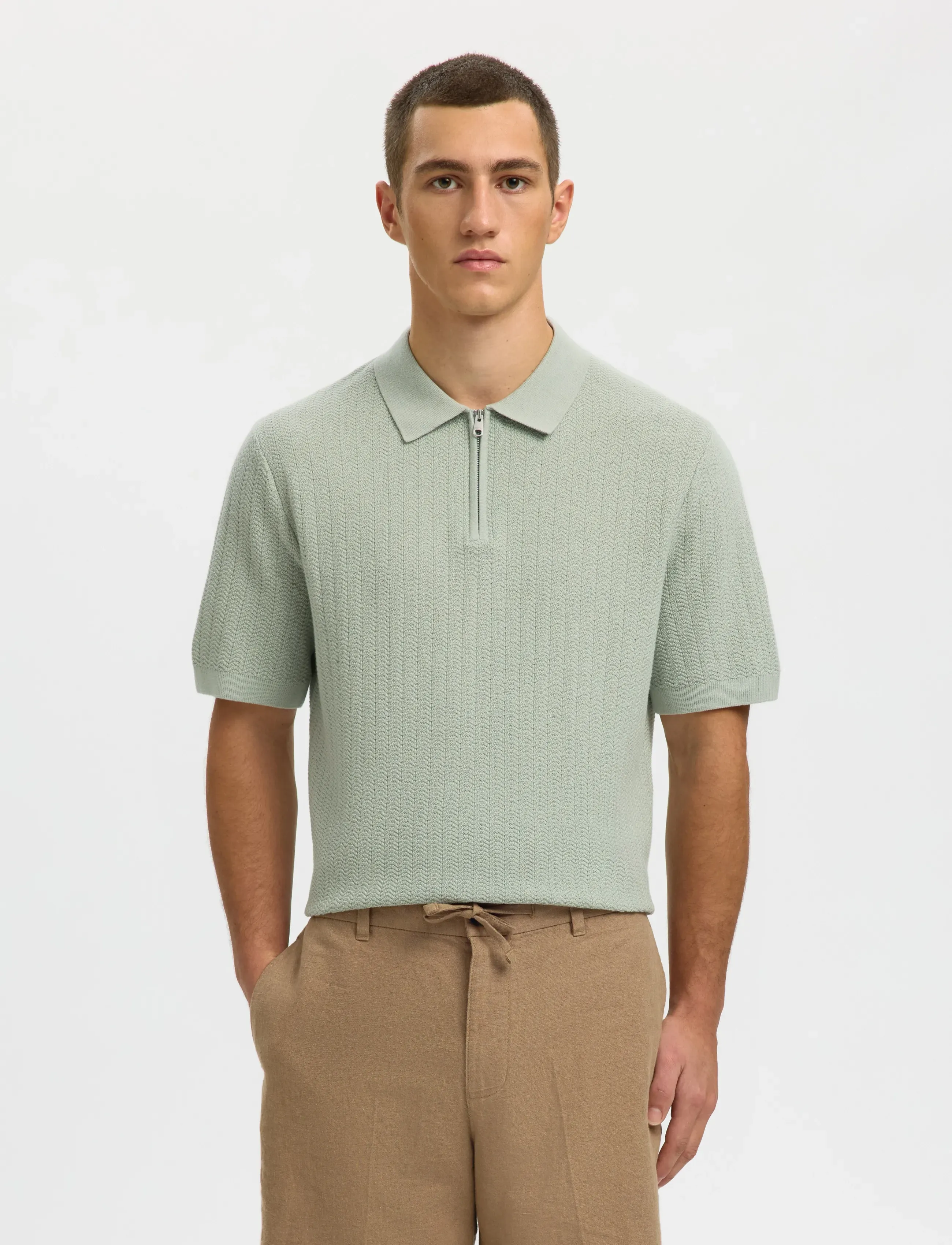 Selected SLMCRAN SS KNIT STRUCTURE ZIP POLO NOOS - Poloshirts - AQUA GRAY / green