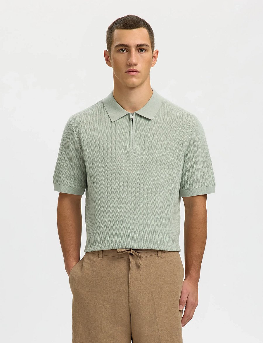 Selected - SLMCRAN SS KNIT STRUCTURE ZIP POLO NOOS - kootud polosärgid - aqua gray - 0