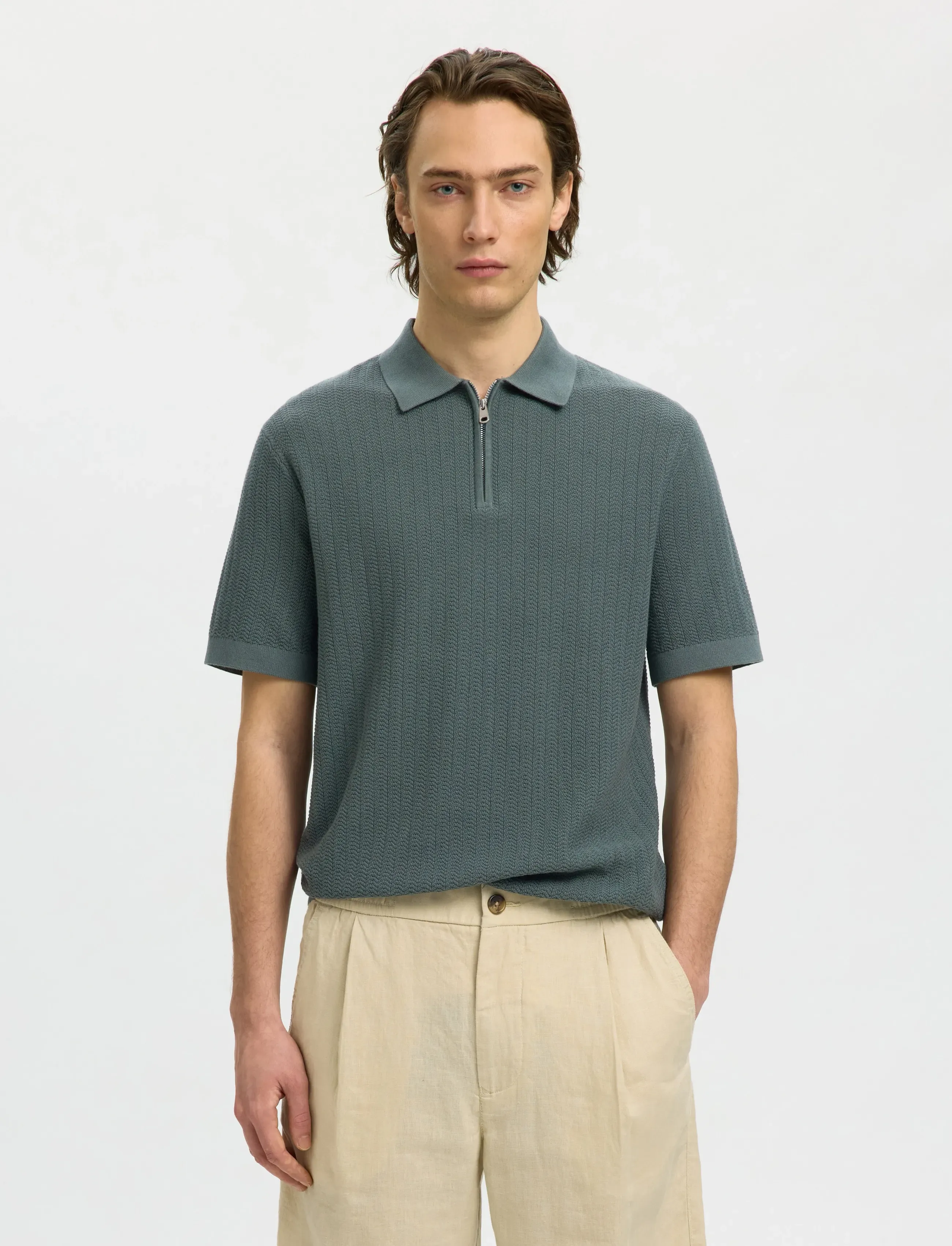 Selected SLMCRAN SS KNIT STRUCTURE ZIP POLO NOOS - Tøj - BALSAM GREEN / green