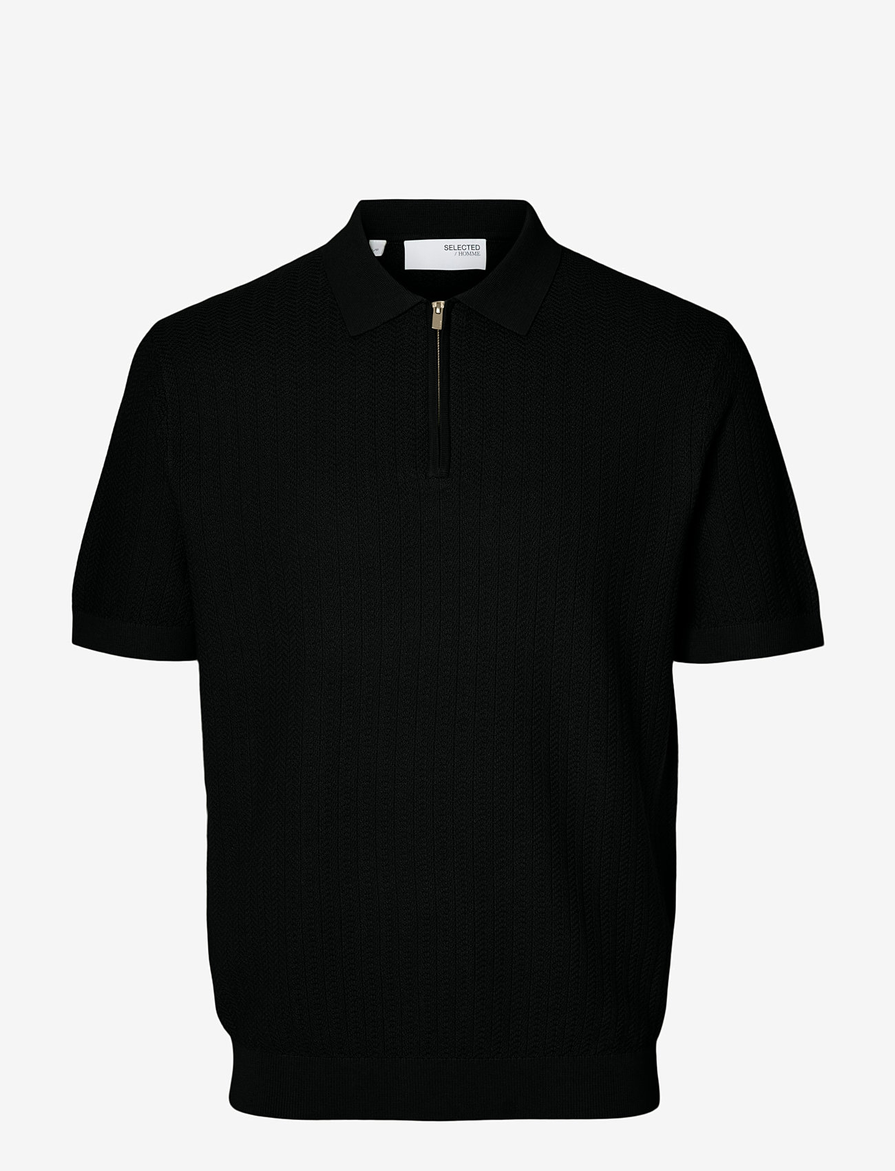 Selected - SLMCRAN SS KNIT STRUCTURE ZIP POLO NOOS - gestrickte polohemden - black - 1