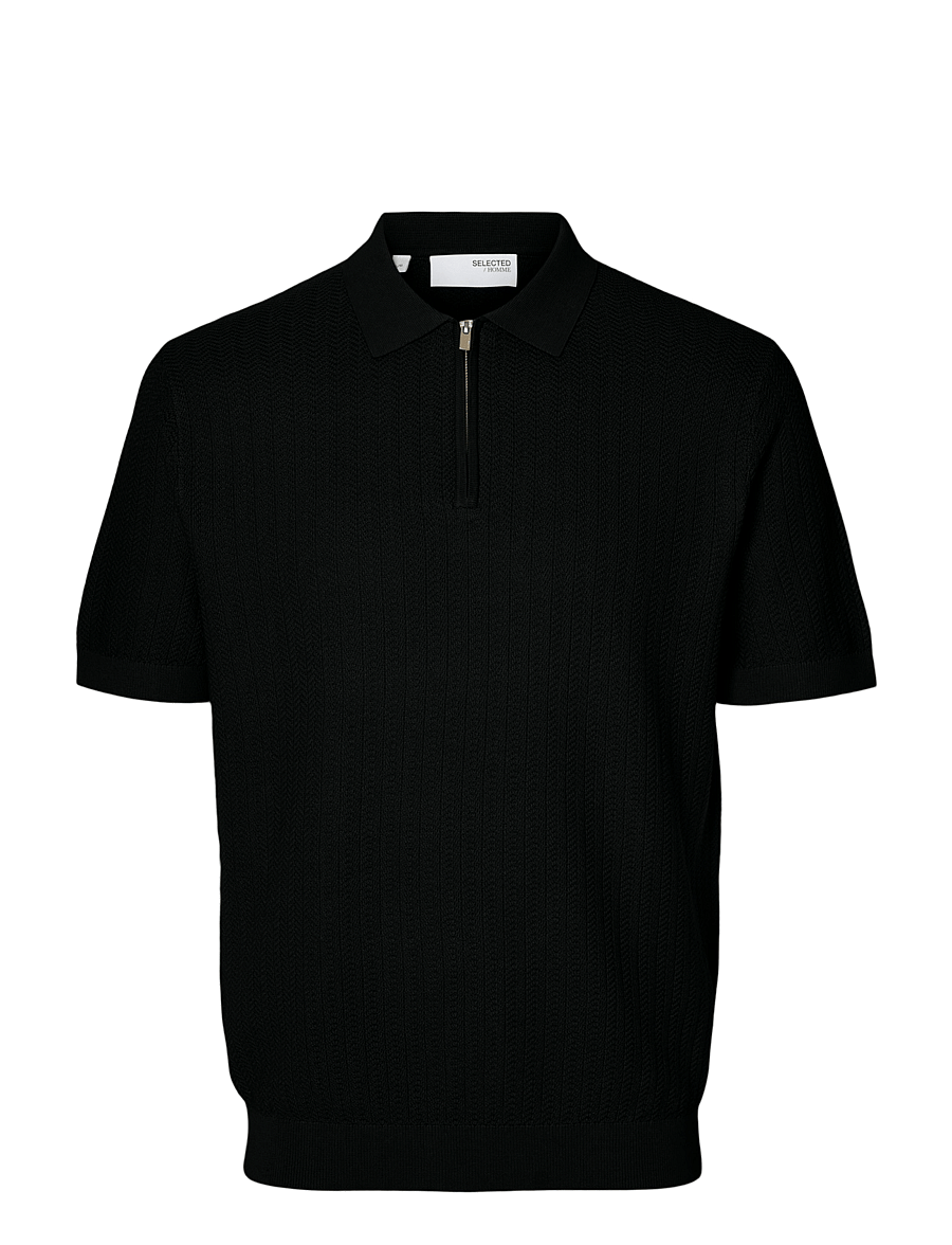 Selected - SLHCRAN SS KNIT STRUCTURE HALF ZIP POLO - knitted polos - black - 1