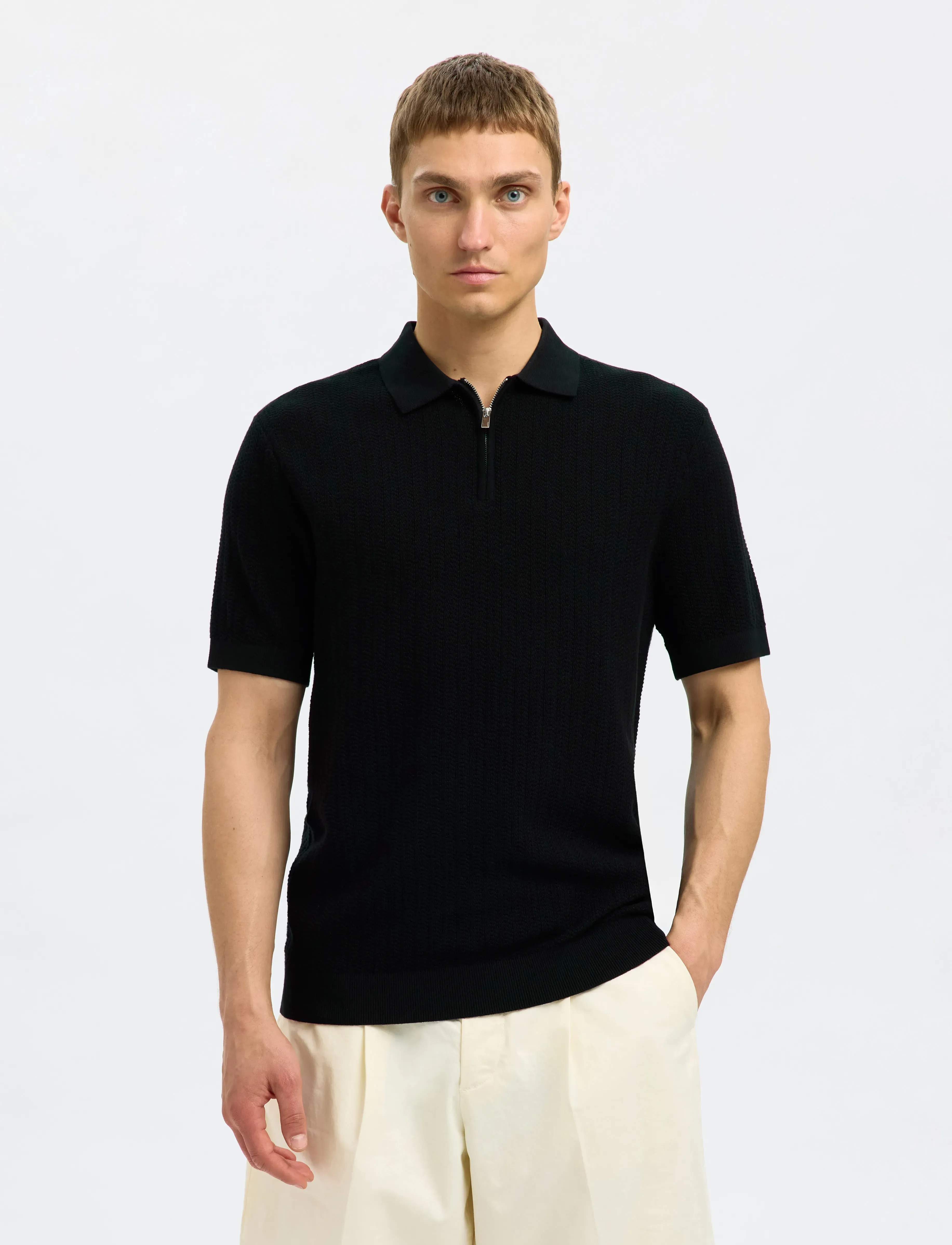 Selected Slhcran Ss Knit Structure Half Zip Polo, M, Black, Poloer > Kortærmede, Herre