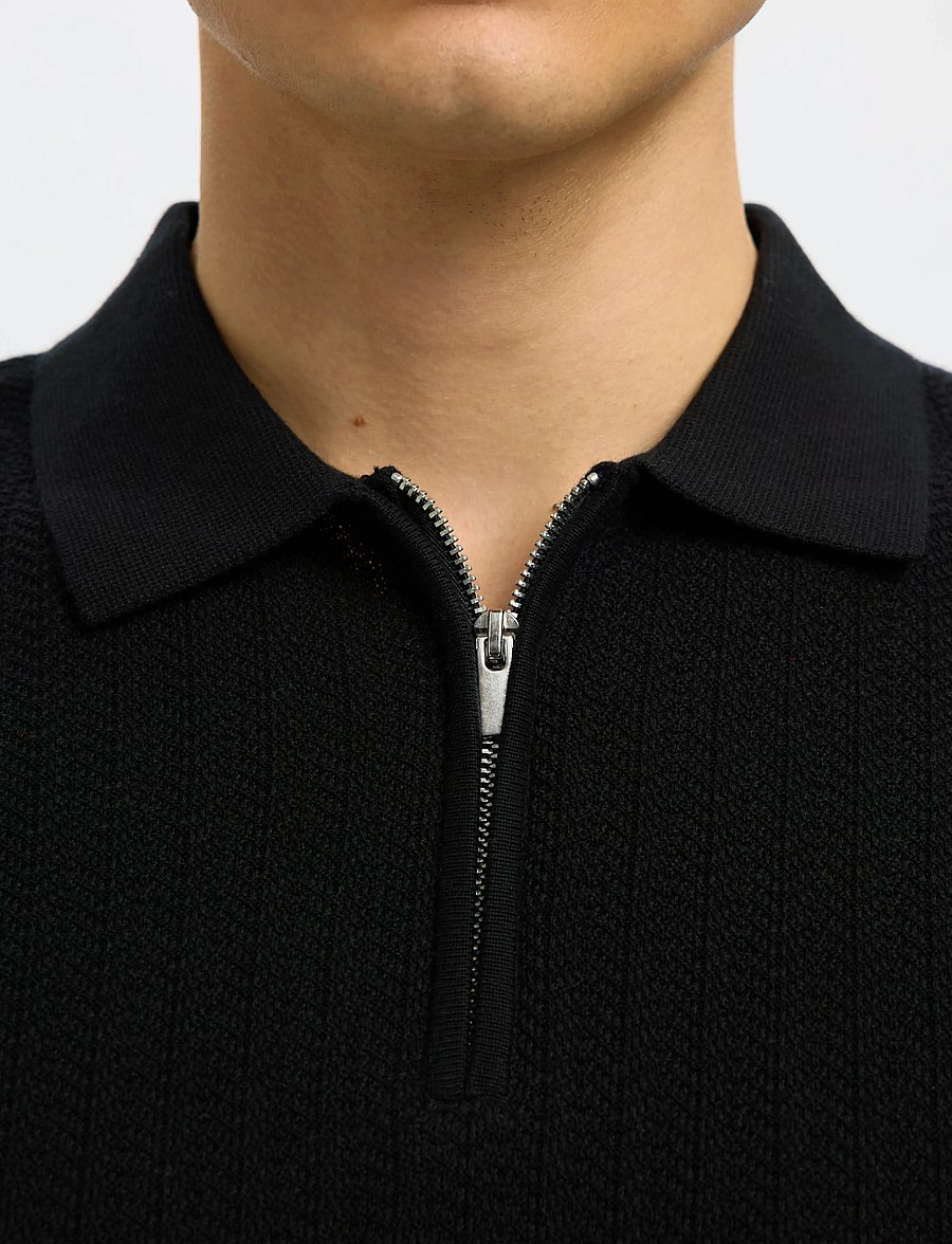 Selected - SLHCRAN SS KNIT STRUCTURE HALF ZIP POLO - knitted polos - black - 2