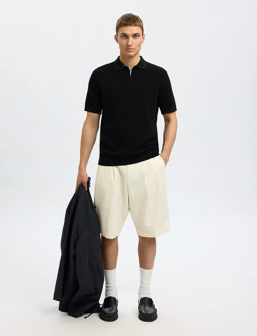 Selected - SLHCRAN SS KNIT STRUCTURE HALF ZIP POLO - knitted polos - black - 4