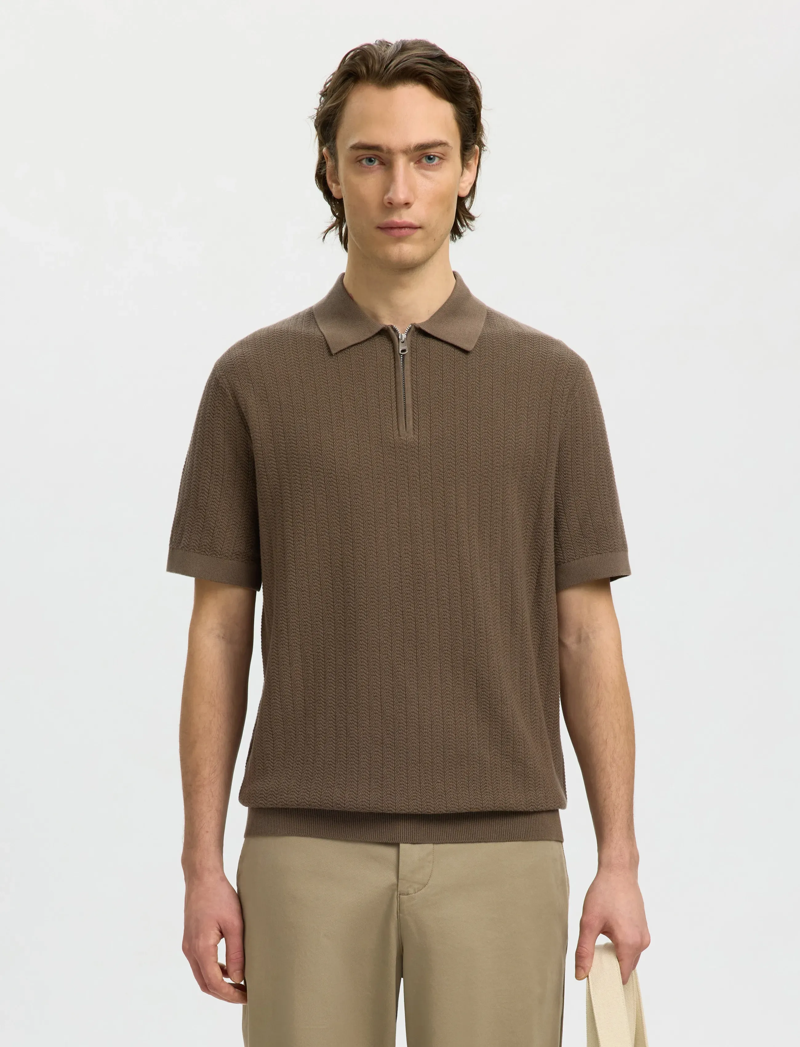Selected SLMCRAN SS KNIT STRUCTURE ZIP POLO NOOS - Tøj - CHOCOLATE CHIP / brown