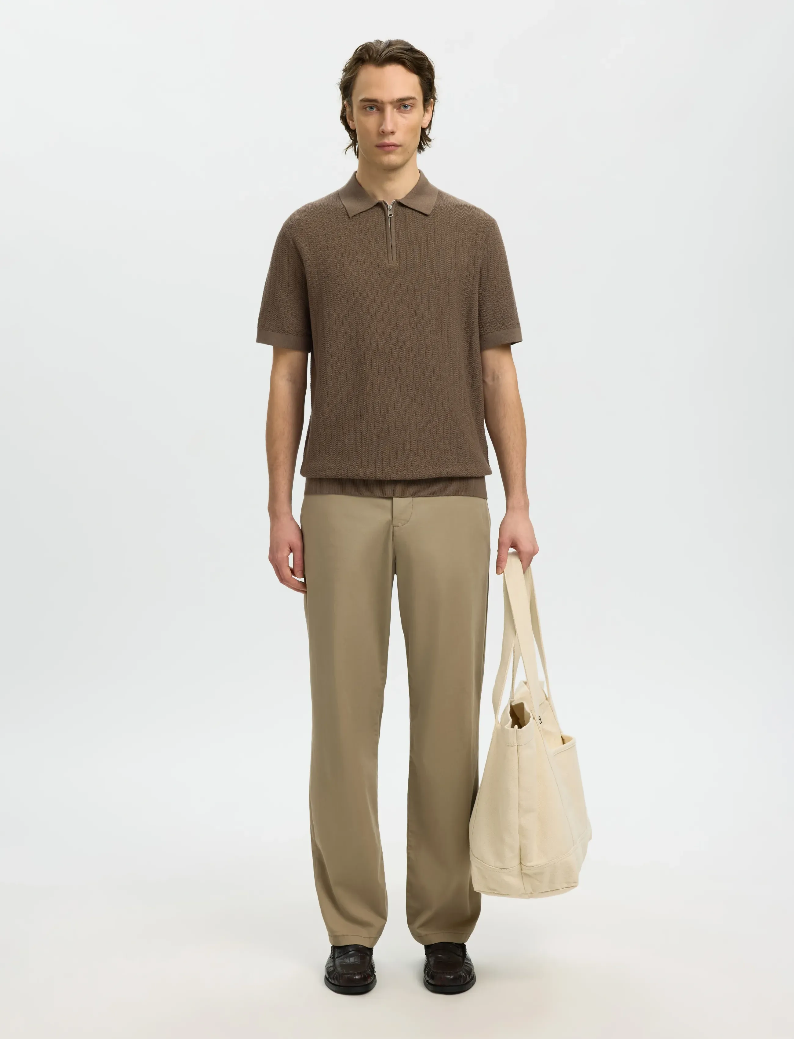 Selected - SLMCRAN SS KNIT STRUCTURE ZIP POLO NOOS - kootud polosärgid - chocolate chip - 3