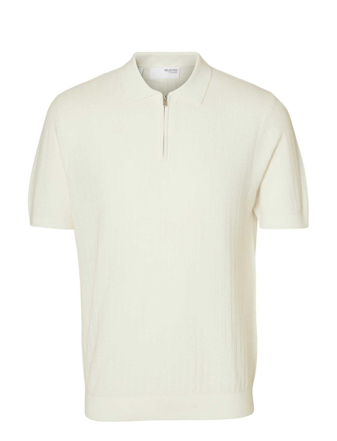 Selected SLMCRAN SS KNIT STRUCTURE ZIP POLO NOOS - Selected - EGRET / cream