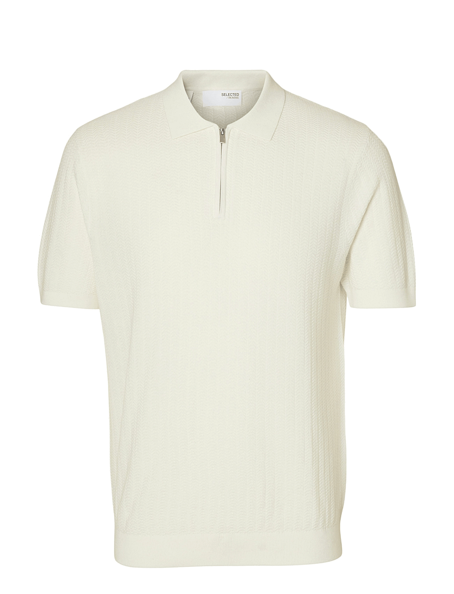 Selected - SLMCRAN SS KNIT STRUCTURE ZIP POLO NOOS - langärmlige strick-polohemden - egret - 1