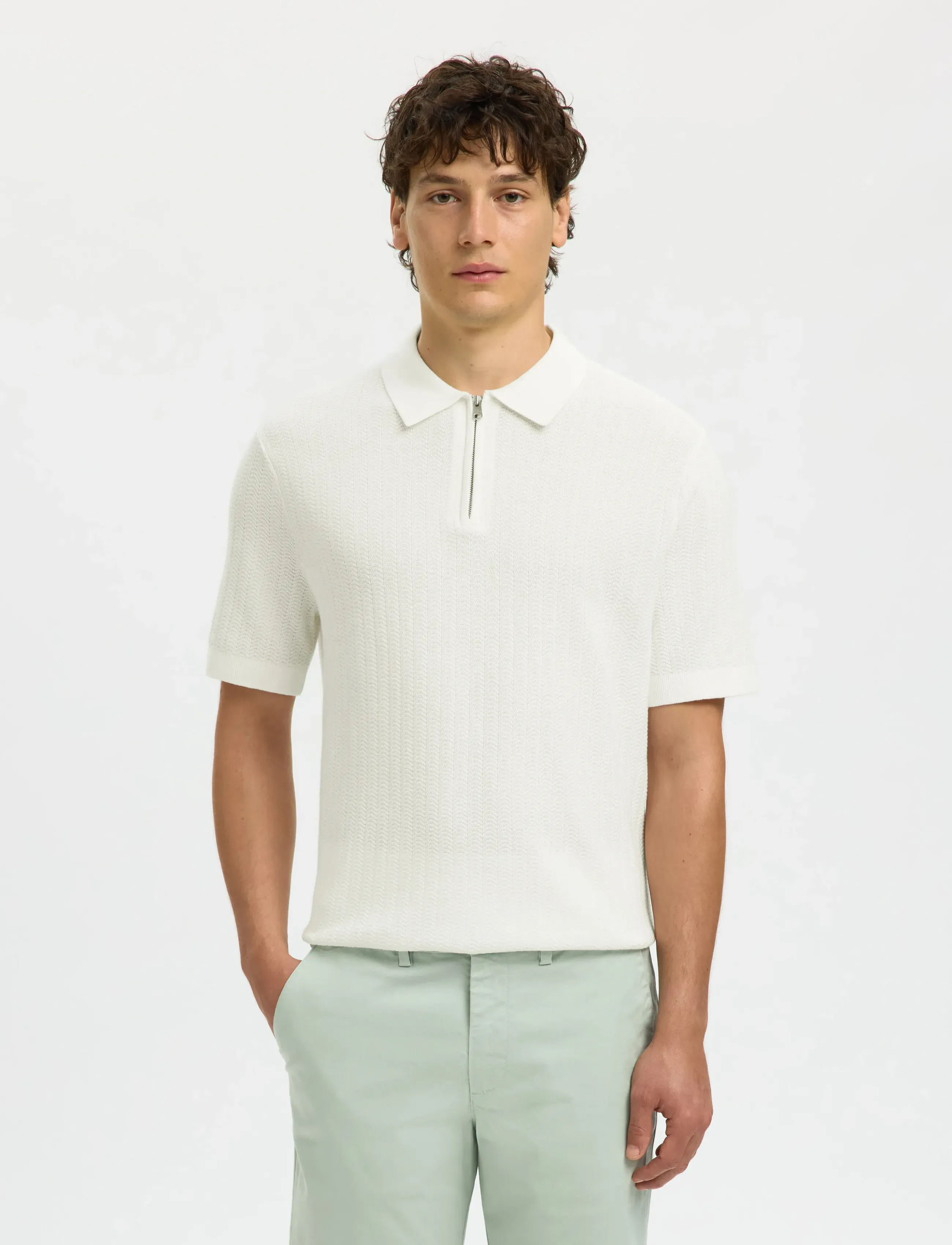 Selected SLMCRAN SS KNIT STRUCTURE ZIP POLO NOOS - Kurzärmelig - EGRET / cream