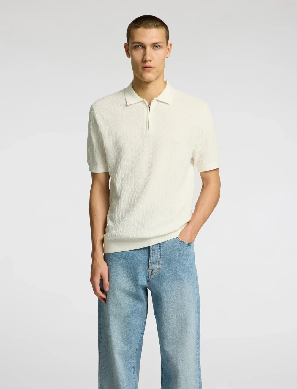 Selected - SLHCRAN SS KNIT STRUCTURE HALF ZIP POLO - kurzärmelig - egret - 0