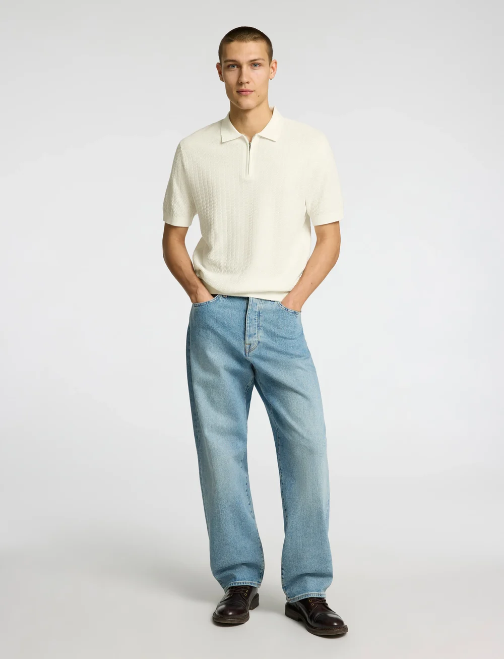 Selected - SLHCRAN SS KNIT STRUCTURE HALF ZIP POLO - kurzärmelig - egret - 4