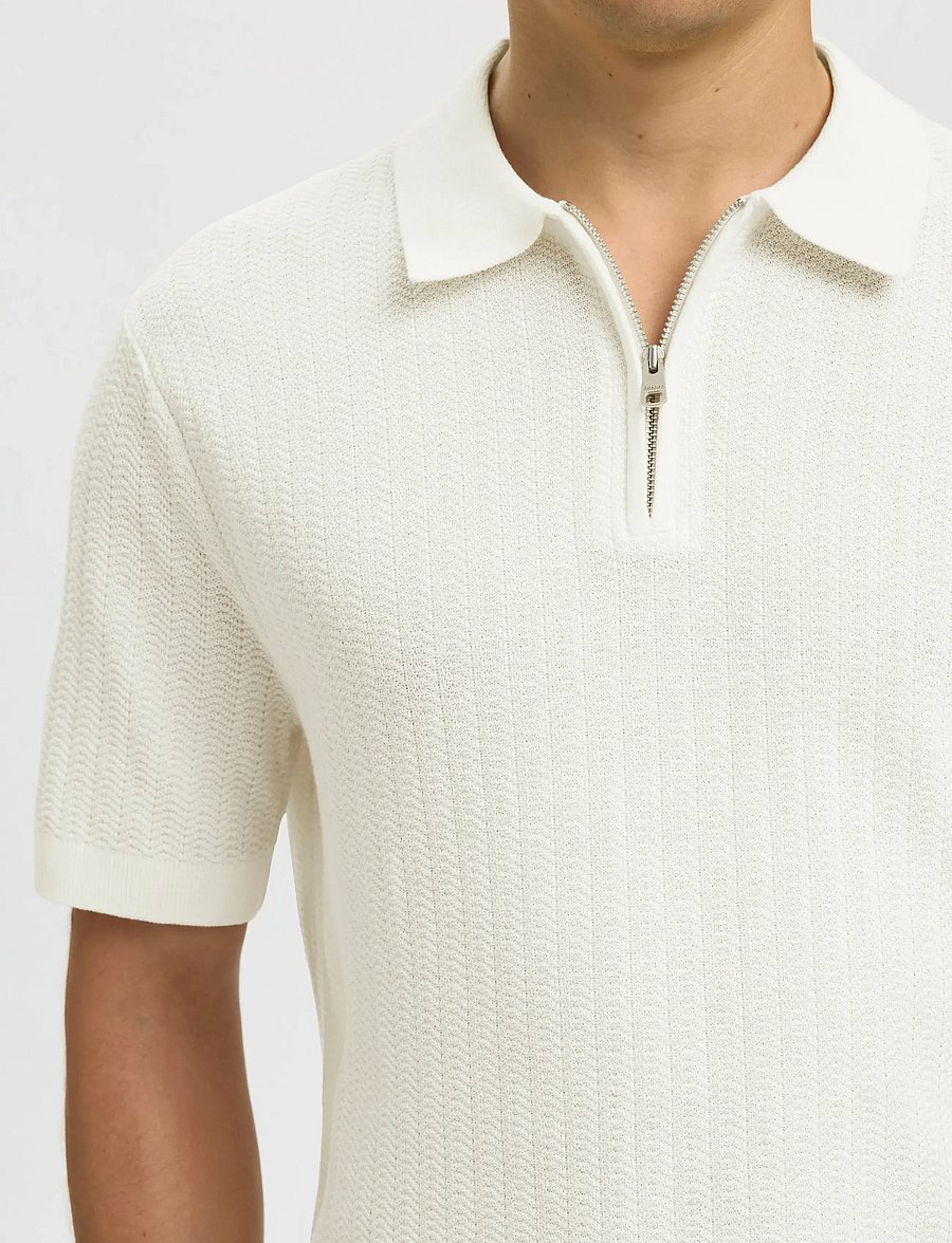 Selected - SLMCRAN SS KNIT STRUCTURE ZIP POLO NOOS - langärmlige strick-polohemden - egret - 4