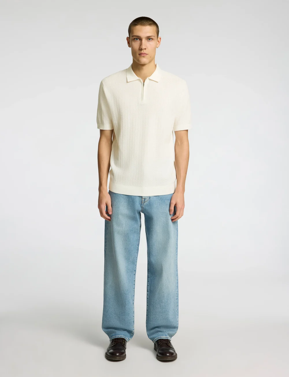 Selected - SLHCRAN SS KNIT STRUCTURE HALF ZIP POLO - kurzärmelig - egret - 5