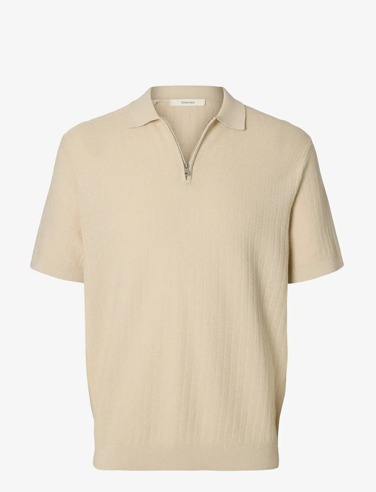 Selected - SLMCRAN SS KNIT STRUCTURE ZIP POLO NOOS - kootud polosärgid - oatmeal - 1